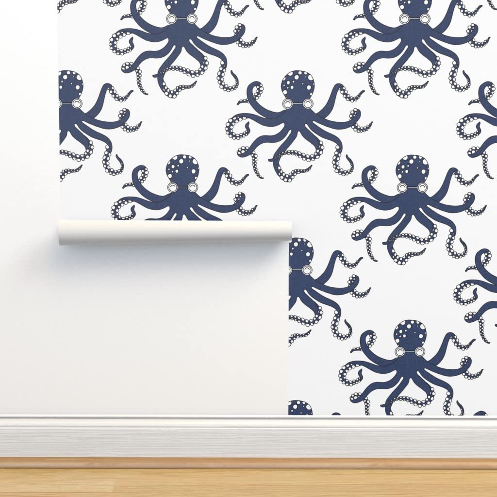 Premium Commercial Grade Wallpaper 27ft x 2ft - Delft Octopus Blue Ocean Navy Traditional Peel & Stick Wallpaper for Living Room, Bedroom, Bathroom Decor by Spoonflower