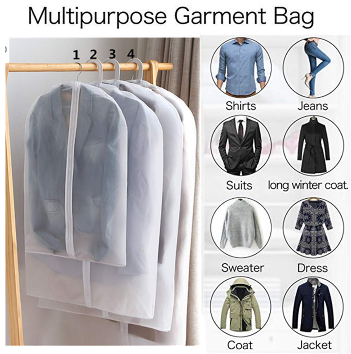 Clear Hanging Garment Bags with Heavy-Duty Zipper - 4 Pack White Plastic Clothing Dust Covers for Suits, Dresses & Closet Storage - Perfect for Travel, Moving & Seasonal Wardrobe Protection