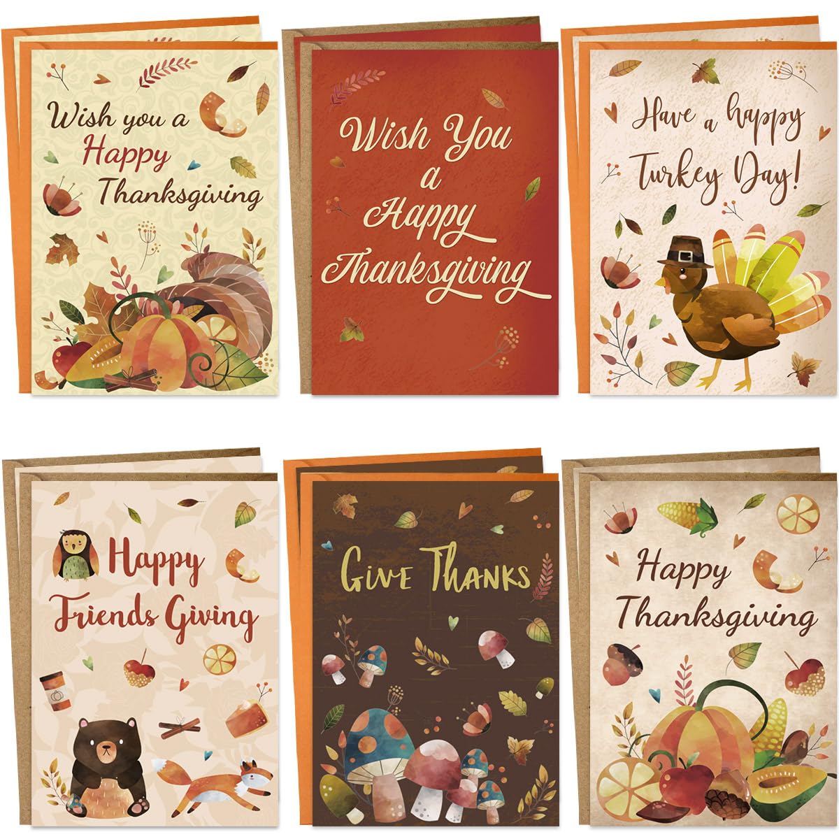 12 Thanksgiving Greeting Cards with Envelopes - 5x7 Inch Blank Inside Cards for Kids, Adults, Friends & Family - Perfect for Thanksgiving Wishes, Classroom Activities & Holiday Gifting