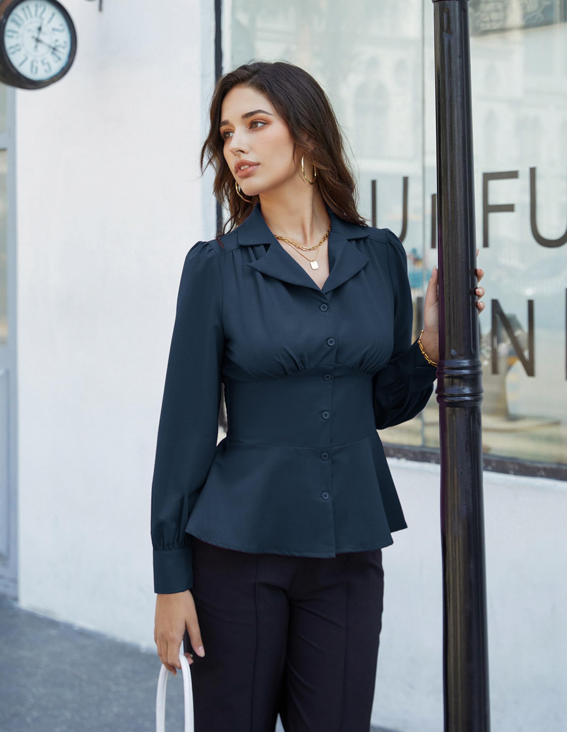 GRACE KARIN Women's Summer Peplum Button Down Shirt - Long Sleeve Collared Blouse for Work & Dressy Occasions | Office Wear, Business Casual & Date Night Outfits
