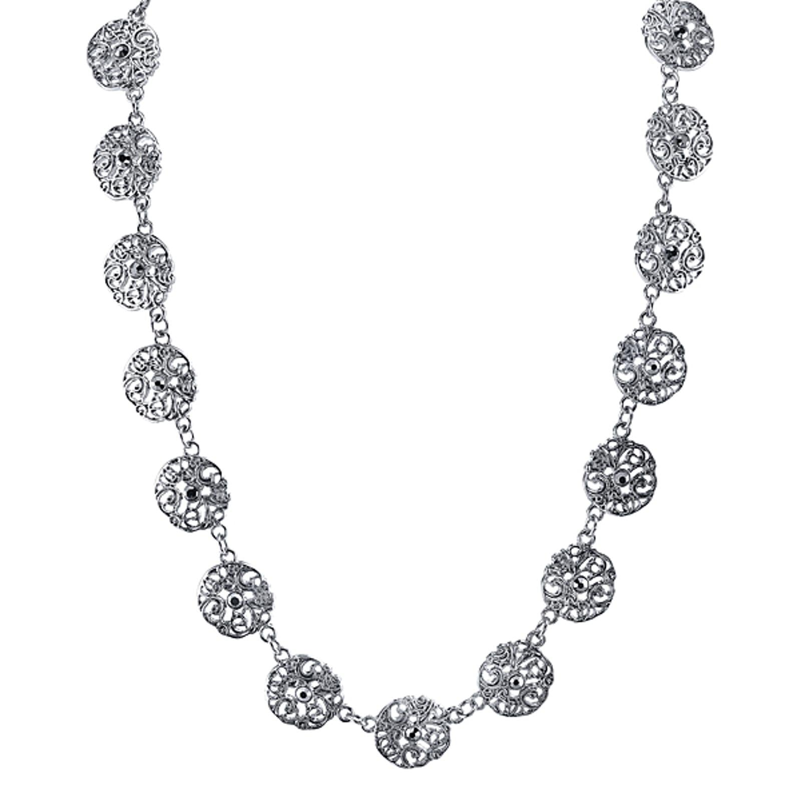 1928 Vintage Hematite Crystal Filigree Disk Collar Necklace - 16