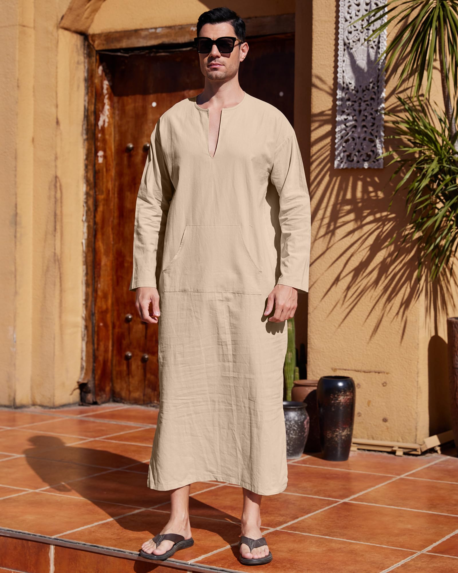 YAOHUOLE Men's Kaftan Thobe - Long Sleeve Islamic Robe with Side Slits & Pockets - Comfortable Casual Wear for Prayer, Home, Beach & Special Occasions