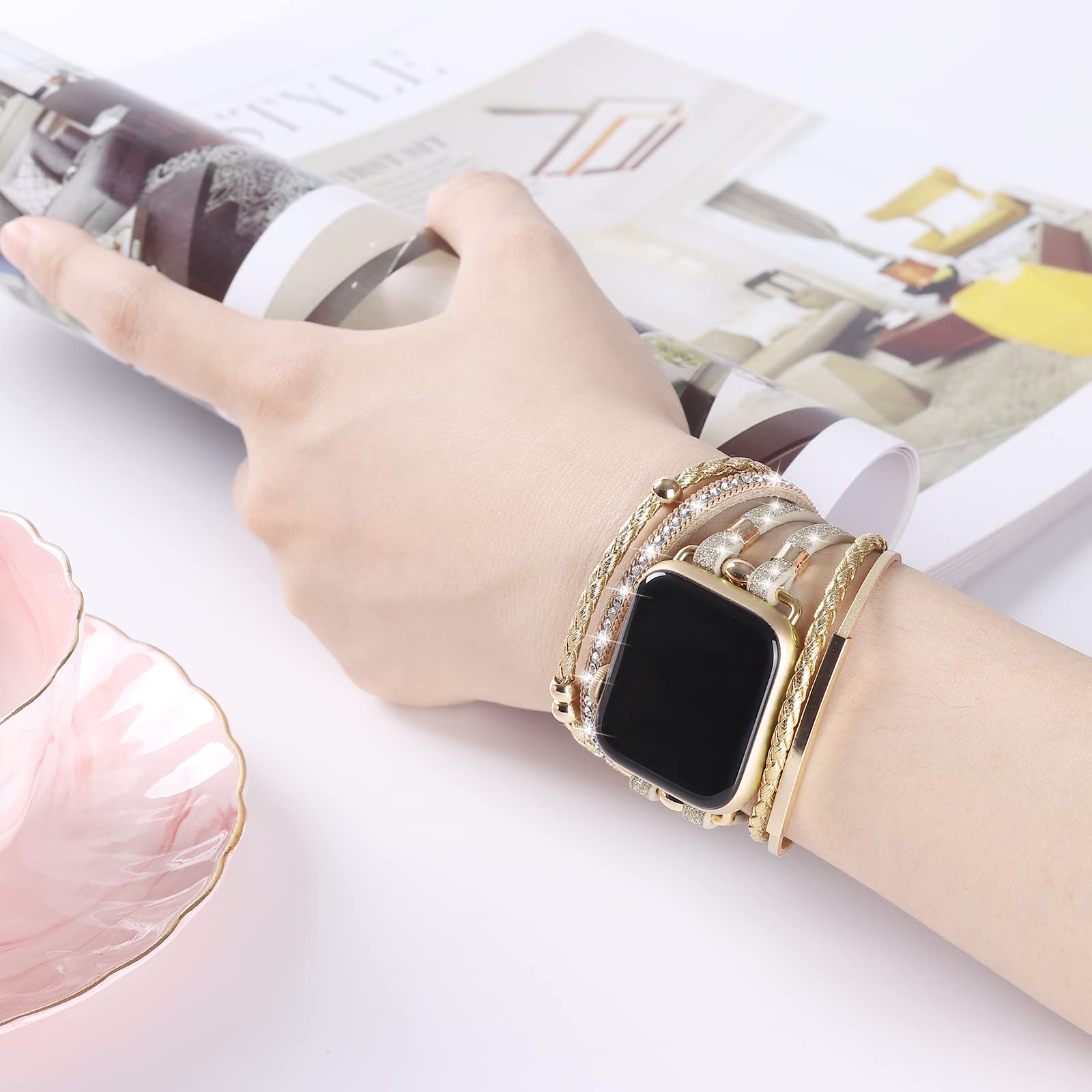 WONMILLE Genuine Leather Apple Watch Bands for Women - Compatible with 38mm 40mm 41mm 42mm 44mm 45mm 49mm Models - Boho Bracelet Strap for Series Ultra/SE/1-10 - Perfect for Workouts, Office & Casual Wear
