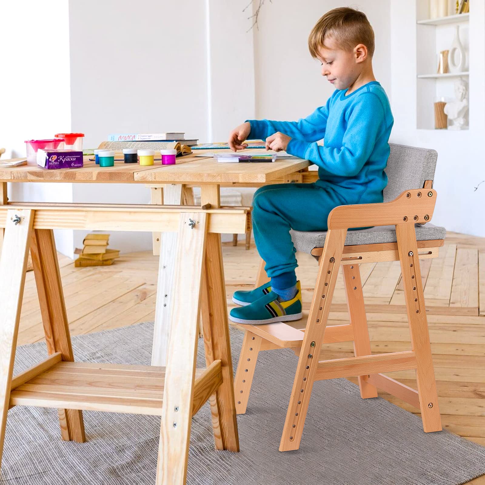 Ezebaby Adjustable Wooden High Chair for Toddlers to Teens - Kids Study & Dining Chair with Removable Cushion & Steps - Natural Wood Color - Perfect for Homeschooling, Mealtime & Playroom