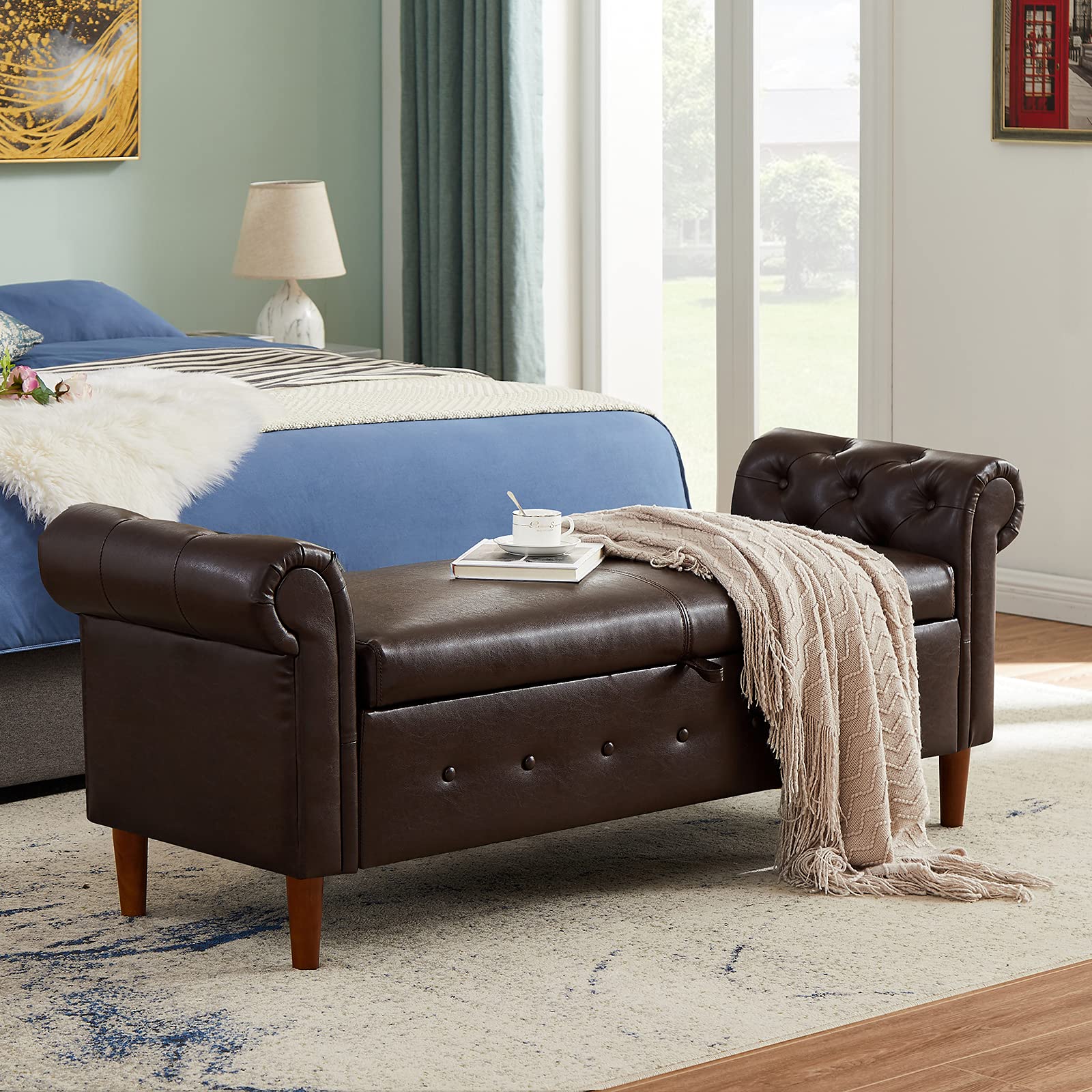 Modern Rolled Arm Storage Ottoman Bench - Multifunctional Leather Storage Stool for Bedroom, Entryway, Hallway & Living Room - Brown - Perfect for Extra Seating, Footrest & Hidden Storage in Small Spaces