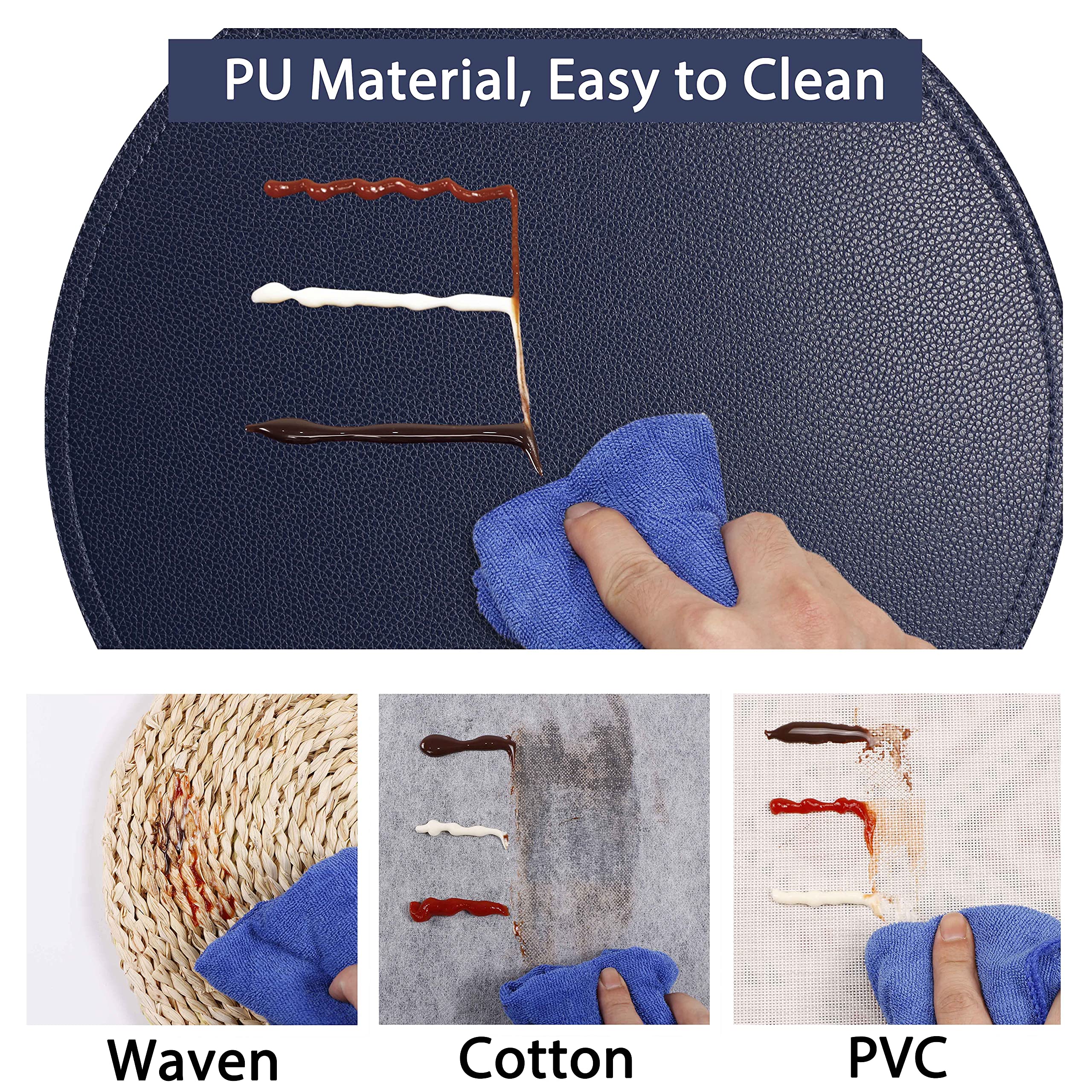 Jovono Navy Faux Leather Round Placemats and Coasters Set - Waterproof & Easy Clean Table Mats for Kitchen, Dining, Coffee Tables - Perfect for Home Decor, Parties, and Daily Use