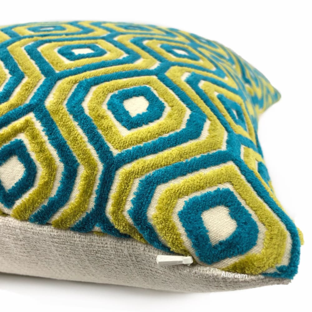 Loren Teal Blue Green Chartreuse Geometric Cut Velvet Pillow Cover - Stylish Home Decor for Living Room, Bedroom & Sofa