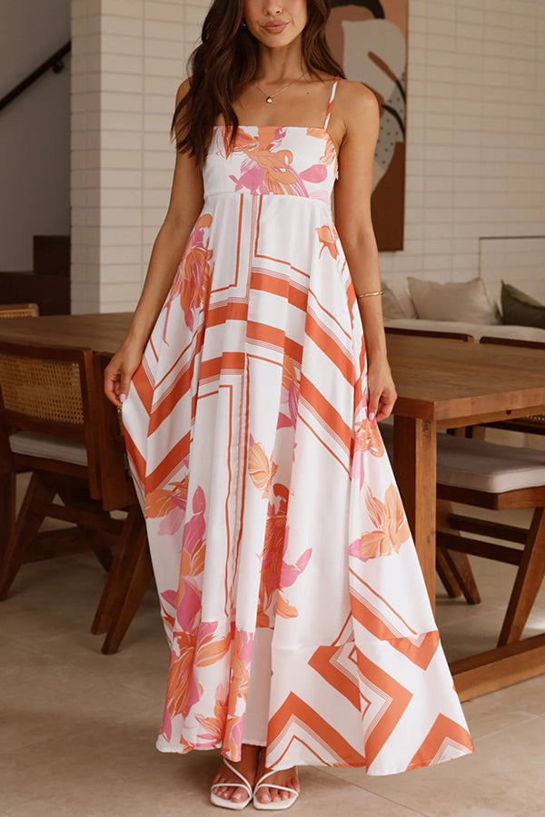 Floral Print Halter Square Neck Pleated Flowy Maxi Dress - Summer Beach Wedding, Vacation & Boho Chic Outfit