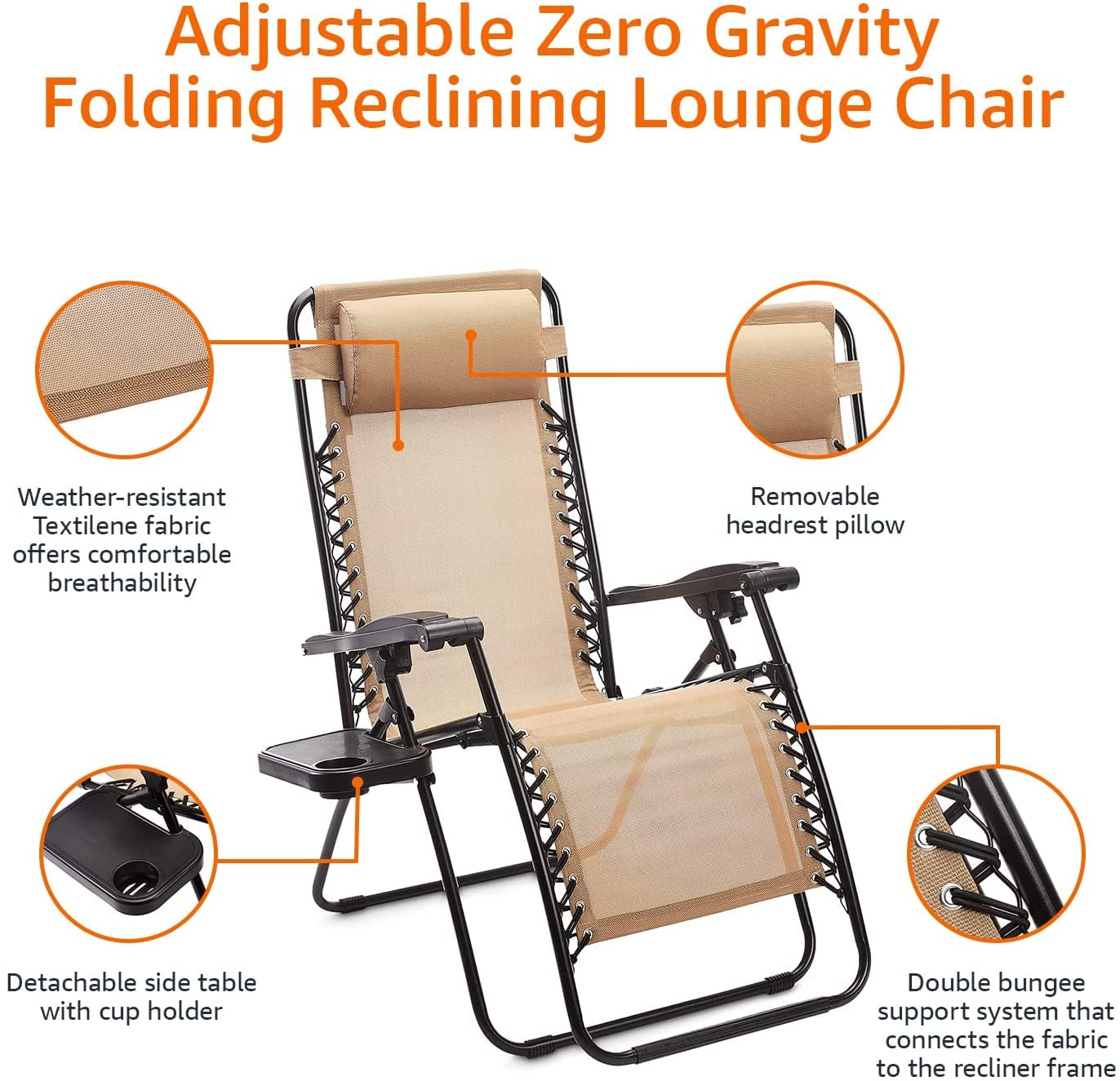 Premium Adjustable Zero Gravity Folding Lounge Chair with Side Table & Pillow - 2 Pack Beige Outdoor Recliner for Patio, Poolside, Beach & Backyard Relaxation