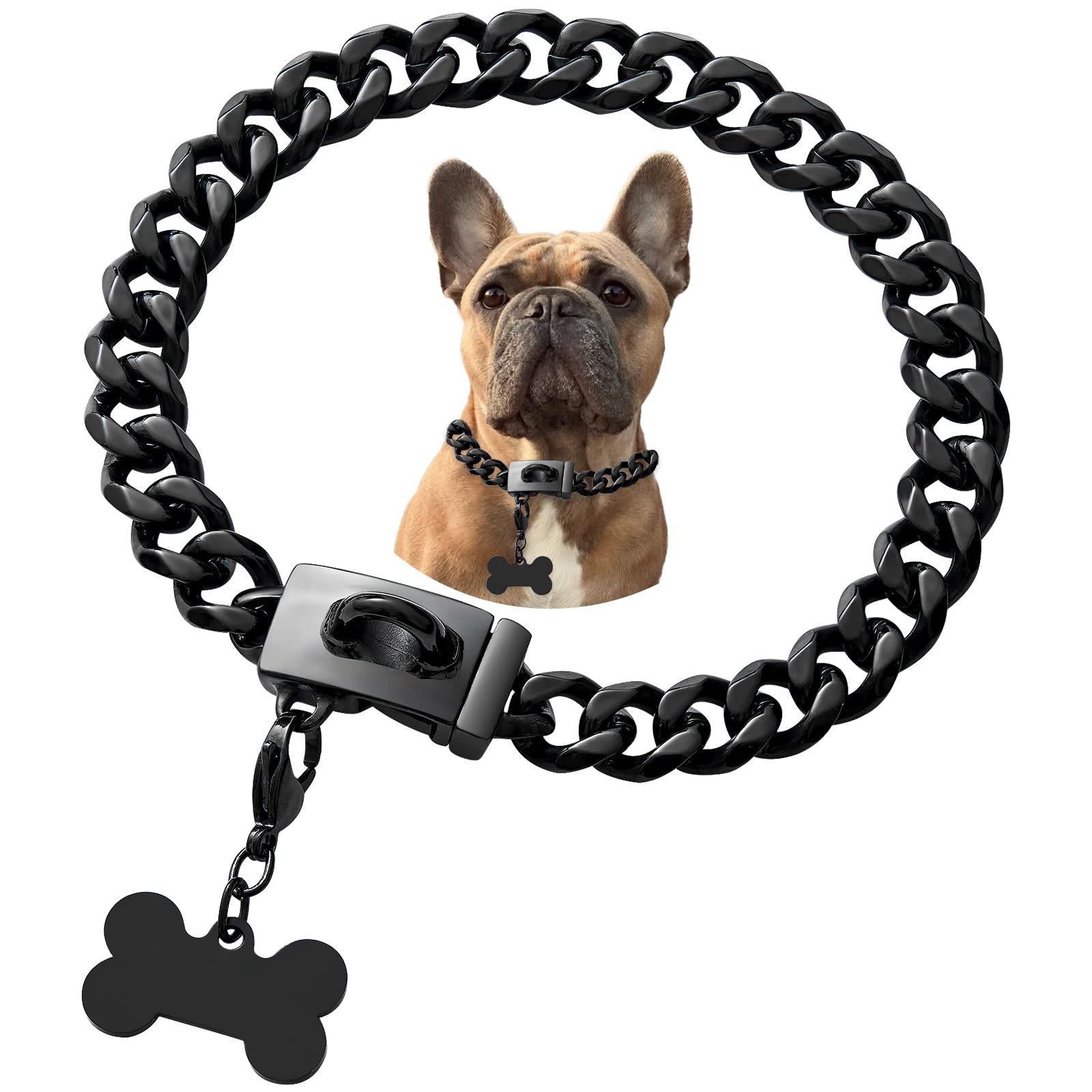Stainless Steel Buckle Dog Collar - Waterproof Rose Gold Black Silver Anti-Chew Cuban Chain Necklace for Bulldogs & Pets | Durable & Stylish for Daily Walks, Training & Fashion Accessories