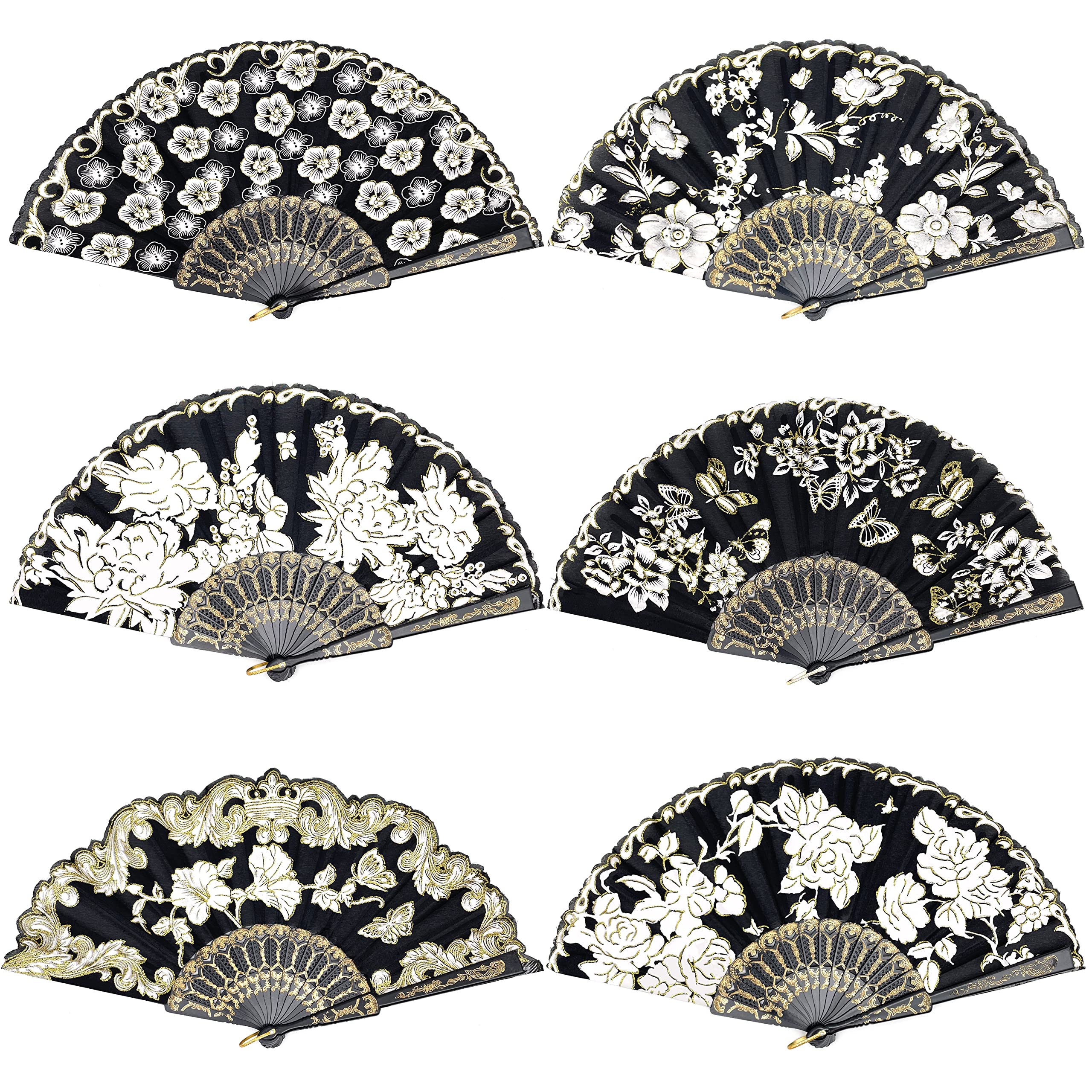 12 Pcs Glitter Floral Pattern Folding Fans - Elegant Black Gold Hand Fans for Wedding Decor, Party Supplies, Dance Performances & Home Wall Decoration - Perfect for Summer Events, Bridal Showers & Table Settings