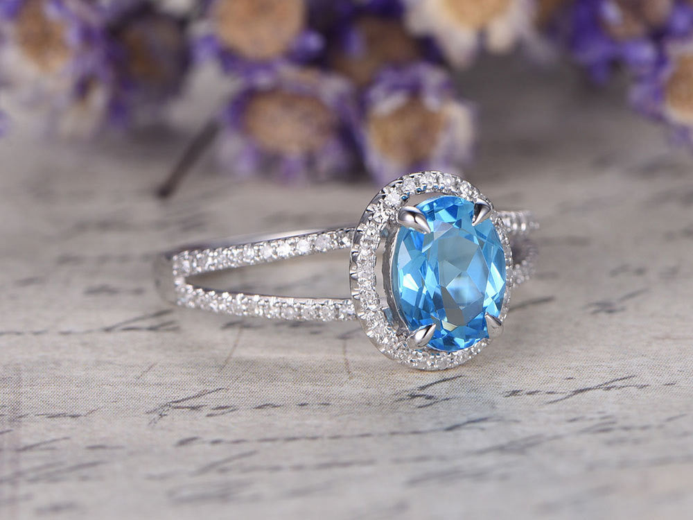 14K White Gold Sky Topaz and Diamond Engagement Ring, 6x8mm Custom Bridal Wedding Promise Ring, Handcrafted Fine Jewelry with Prong Setting - Perfect for Proposals, Anniversaries, and Special Occasions
