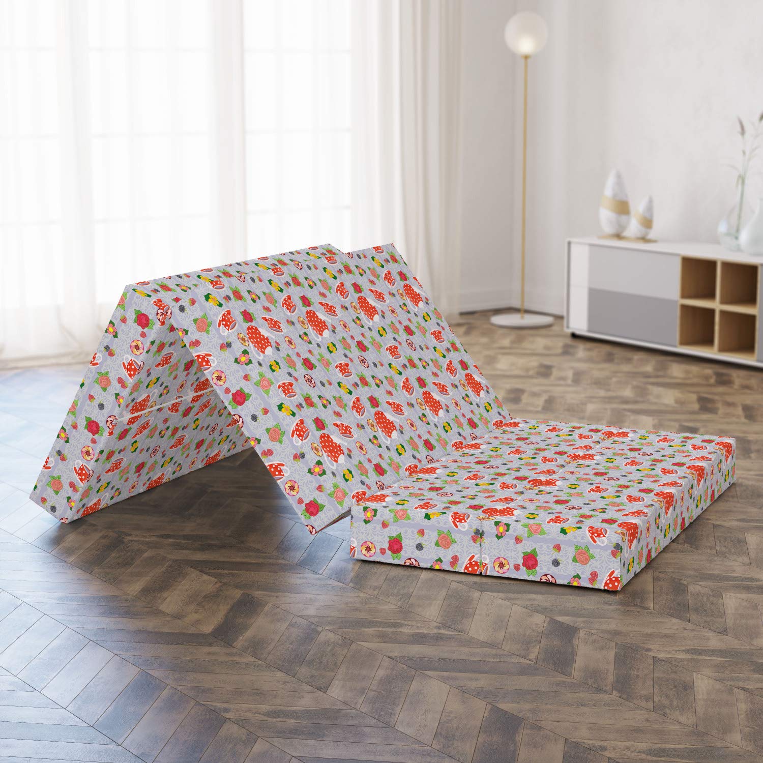 Ambesonne Colorful Foldable Mattress with Cartoon Tea Pots & Roses Design - 78.7