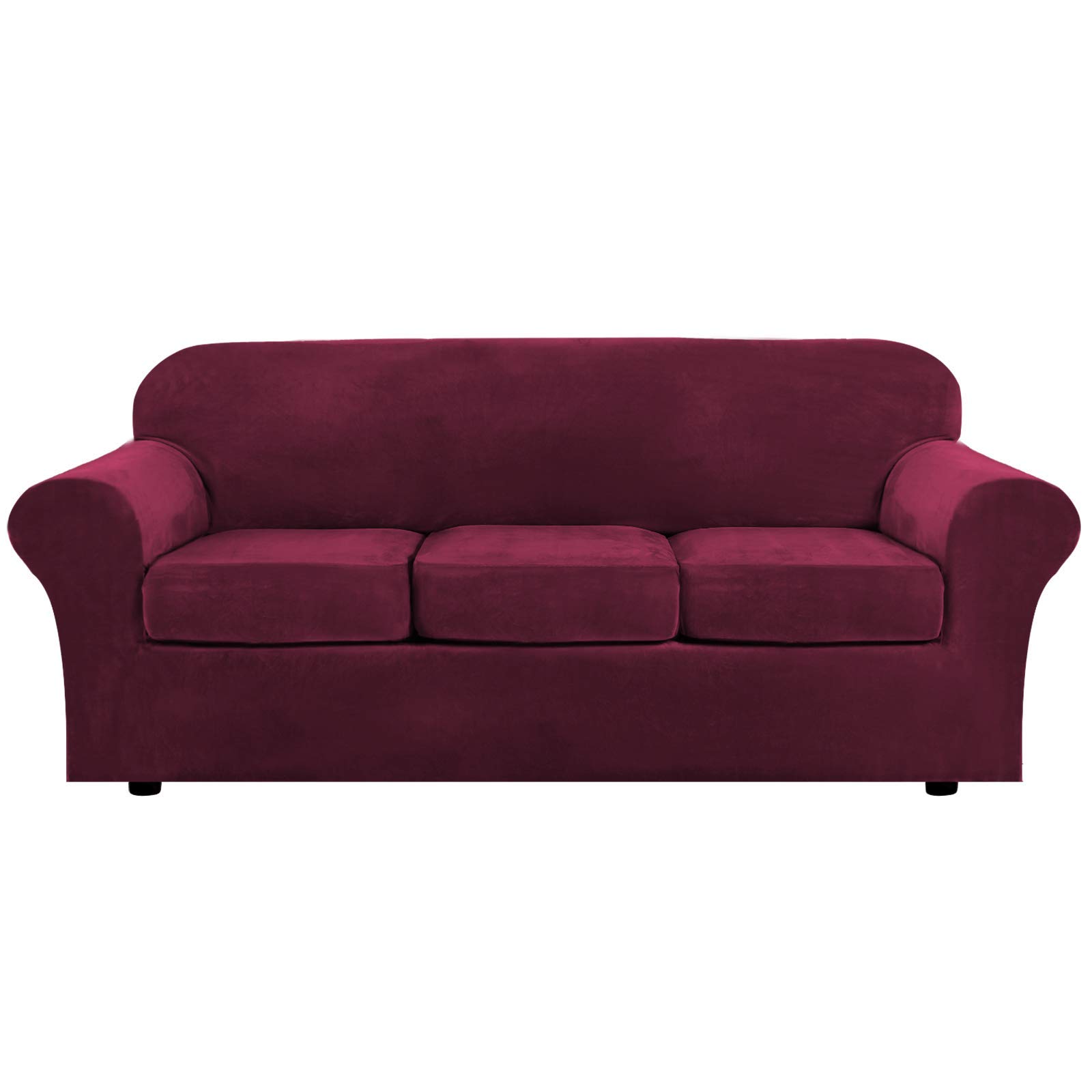 H.VERSAILTEX Velvet Plush Armchair Cover & 3-Cushion Sofa Cover Set - Ultra Soft Removable Washable Furniture Protector in Burgundy - Perfect for Living Room, Bedroom, and Home Decor