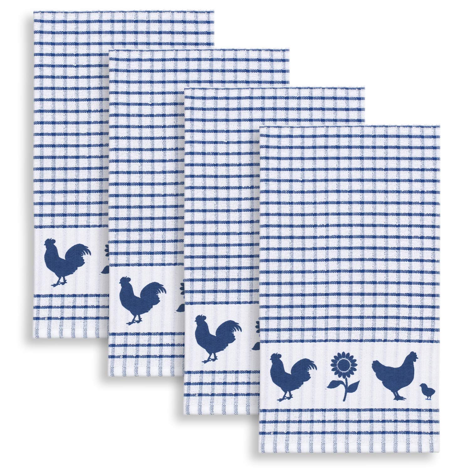 Cackleberry Home Backyard Chickens Windowpane Check Cotton Terrycloth Kitchen Towels, Set of 4 (Blue) - Absorbent & Durable Dish Towels for Farmhouse Kitchen, Baking & Country Style Decor