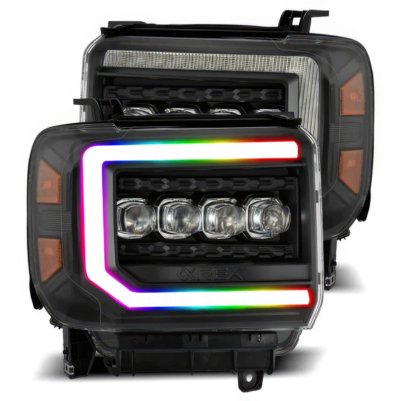 Alpharex Alphablack Multicolor Flow Series LED Headlights for GMC Sierra (2014-2018) - Upgrade Your Truck's Style & Night Visibility for Off-Roading & Daily Driving