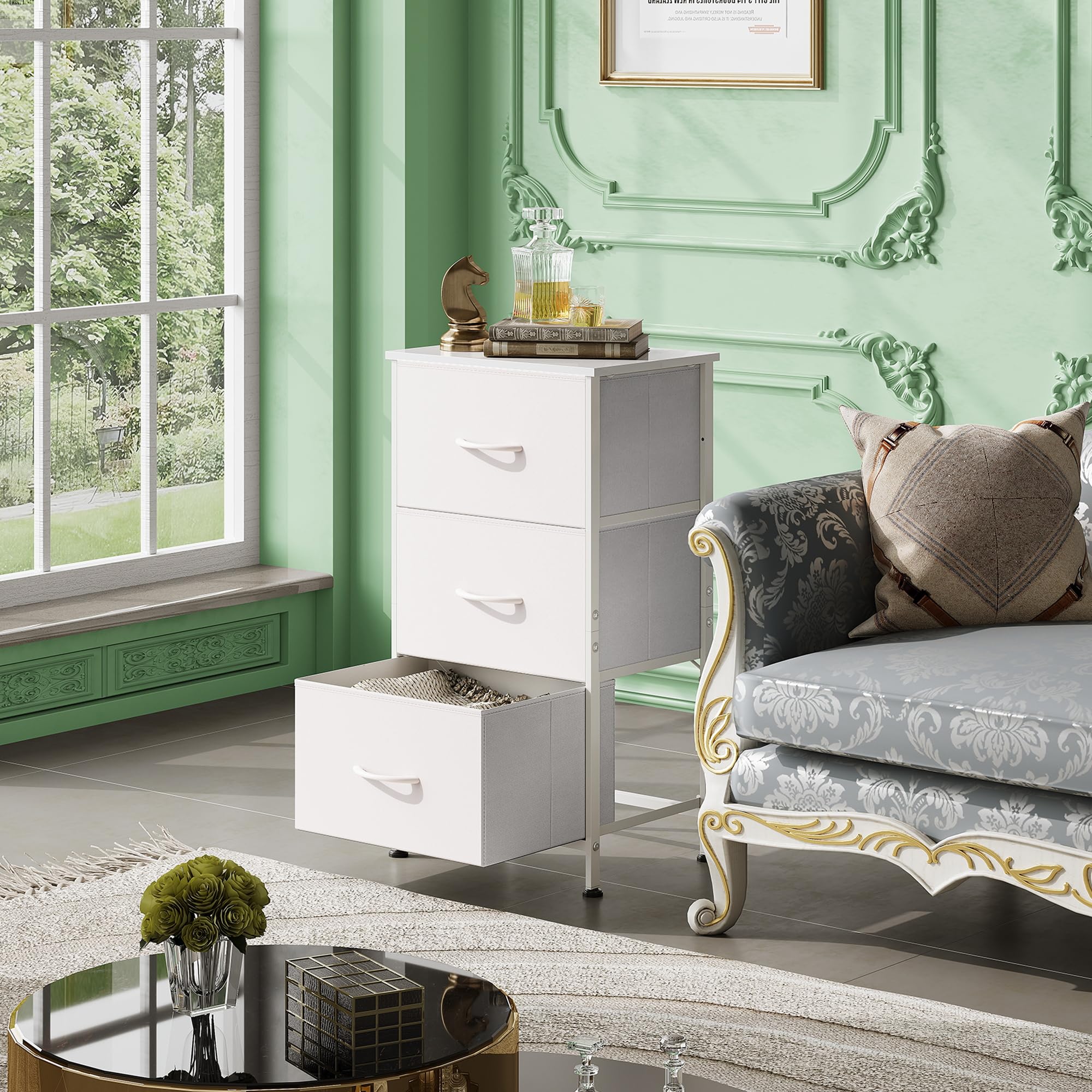 WLIVE 3-Drawer Fabric Nightstand with Wood Top - Sturdy Steel Frame Dresser Organizer for Bedroom, Hallway, Entryway & Closet Storage - Easy Pull Handle, White - Perfect for Small Spaces & Apartment Living