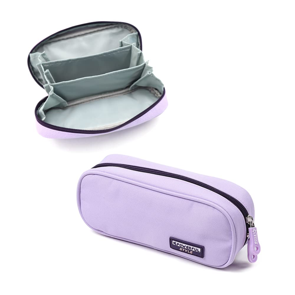 LELE LIFE Large Capacity Pencil Case with 3 Compartments & Double Zipper - Durable Canvas Pen Organizer for School, Office & College Students (Purple) - Perfect for Organizing Pens, Pencils, Markers & Art Supplies