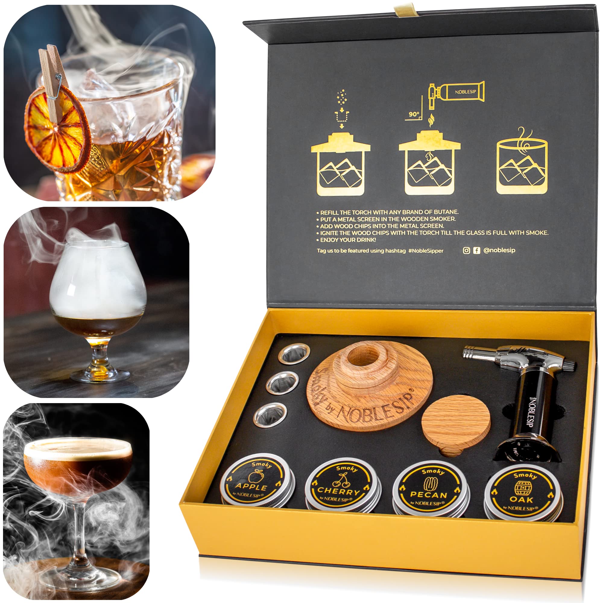 NOBLESIP Old Fashioned Smoker Kit – Premium Whiskey, Bourbon & Scotch Smoking Set with Torch, Wood Chips & Cocktail Recipes – Perfect for Home Bars, Cocktail Parties & Gift Giving