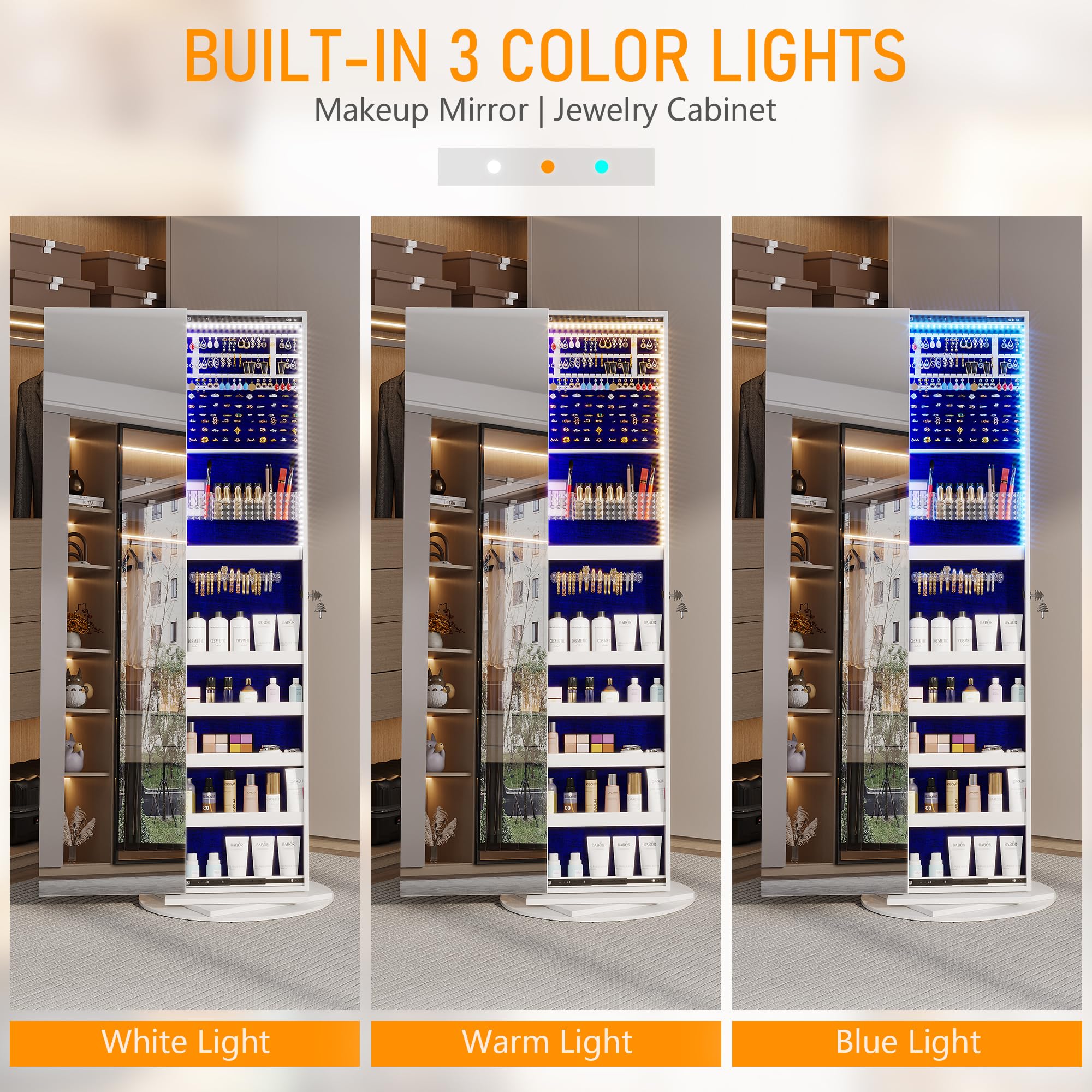 360° Swivel Jewelry Mirror Cabinet with LED Lights - 63