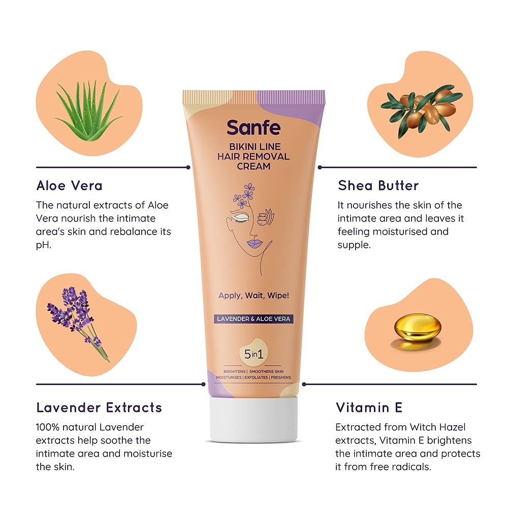 Sanfe Dermatologist-Tested Hair Removal Cream for Sensitive Skin - 50gm with Lavender, Vitamin E, Aloe Vera & Shea Butter - Includes Spatula - Gentle Depilatory Cream for Legs, Arms, Bikini Line & Underarms