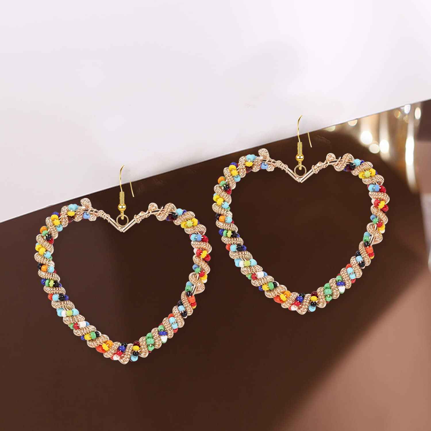 Handmade Boho Colorful Love Heart Beaded Hoop Earrings for Women - Bohemian Circle Round Beaded Dangle Drop Earrings, Unique Chic Oval Geometry Jewelry - Perfect for Festival, Wedding, Party & Funny Gift Giving