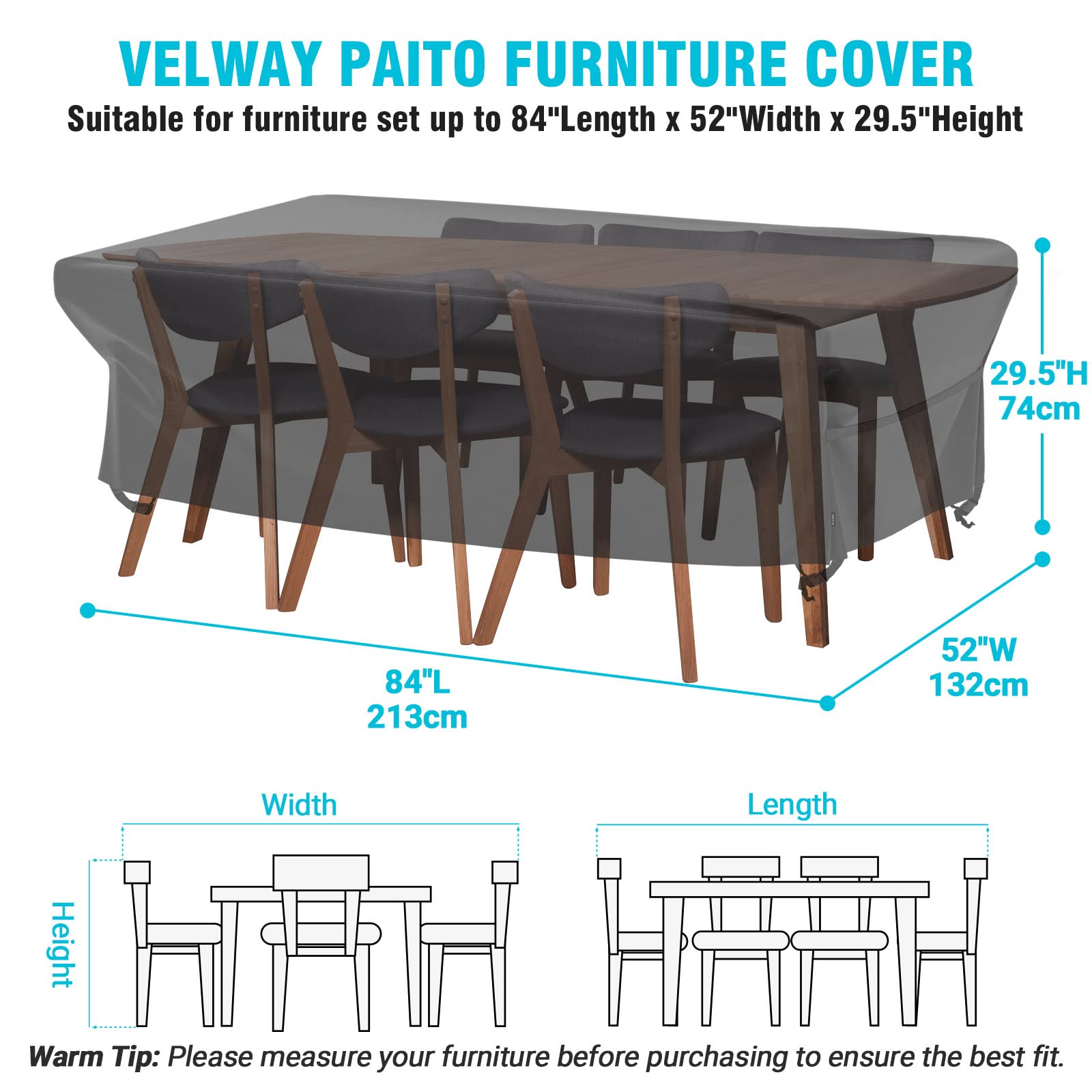 Velway Waterproof Rectangle Patio Table Cover 84”Lx52”Wx29”H - Heavy Duty Oxford Fabric Outdoor Dining Table & Chairs Cover - Tear & Wind Resistant, Dust Proof Furniture Protection for Winter - Perfect for Backyard, Deck, Garden and Outdoor Dining Areas