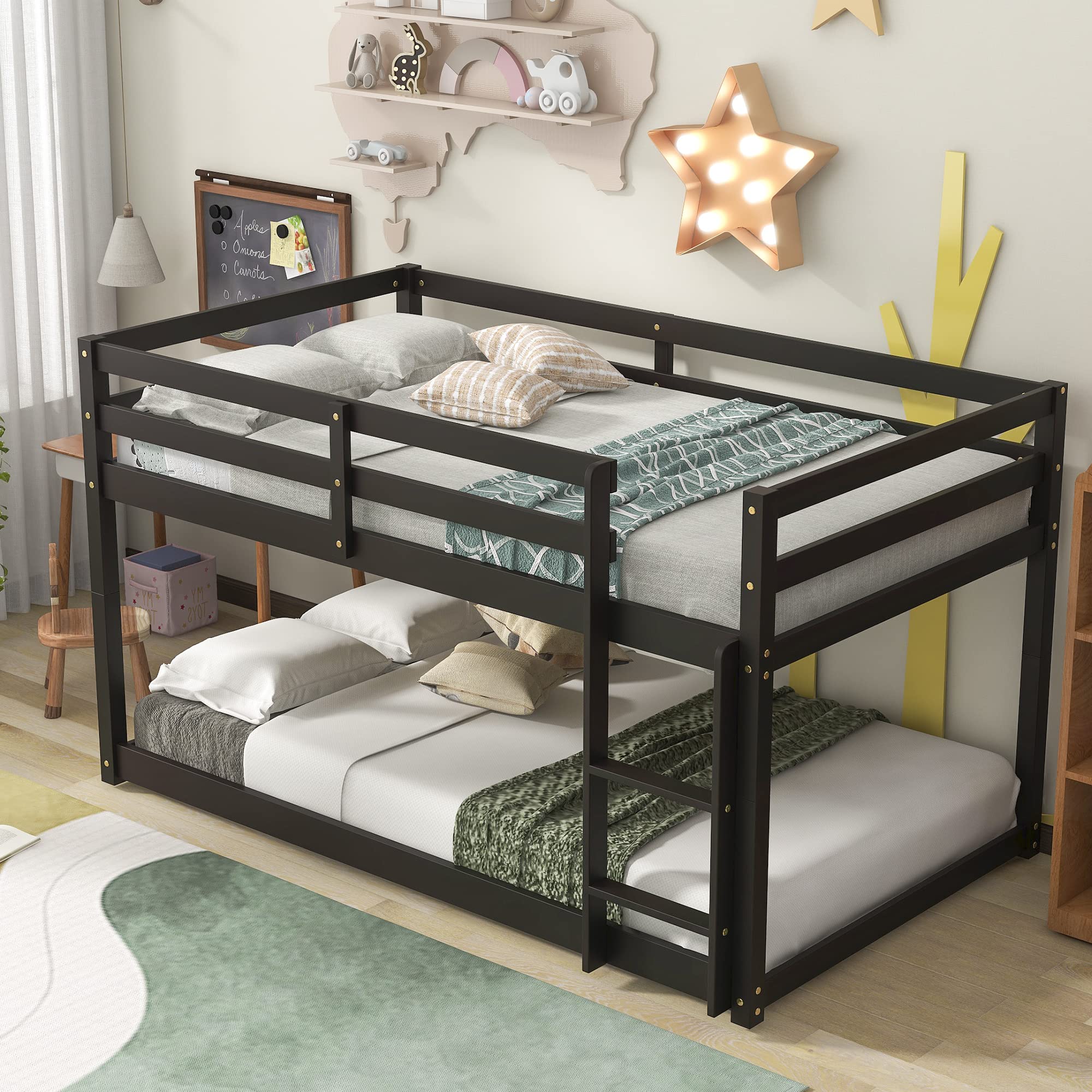 Twin Over Twin Floor Bunk Bed with Wooden Slat Support - Low Profile Kids Bunk Bed with Safety Guardrails & Ladder - Sturdy Twin Bunk Bed for Toddlers, Children & Teens (Espresso) - Perfect for Small Bedrooms, Shared Kids Rooms & Sleepovers