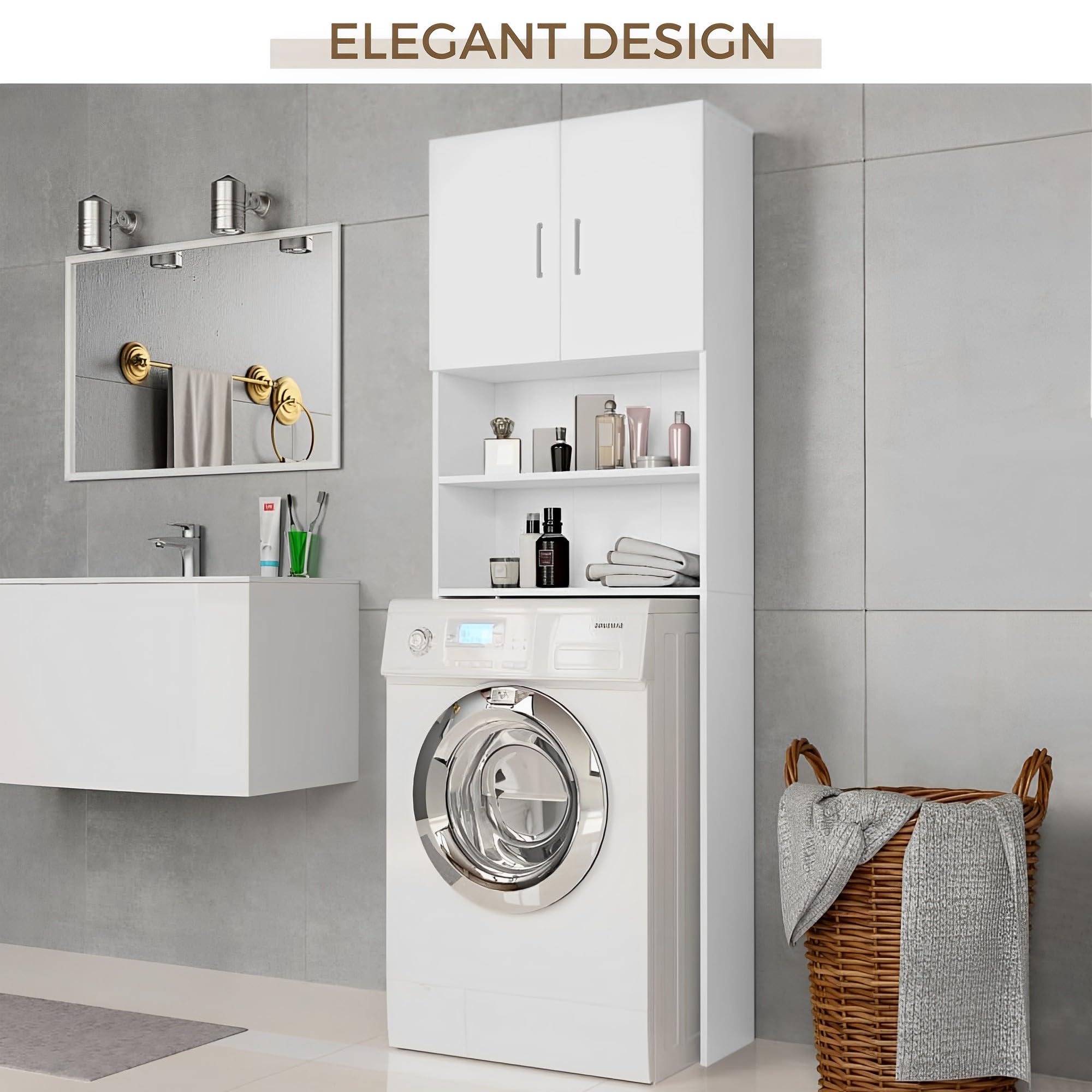 Space-Saving 4-Tier Laundry Shelf Organizer - MDF Wood Storage Cabinet for Washer & Dryer - Perfect for Small Bathrooms & Laundry Rooms