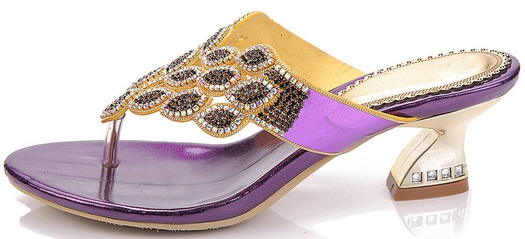 YooPrettyz Women's Summer Rhinestone Thong Sandals - Gold Glitter Chunky Low Heel Comfortable Beach Sandals for Vacation, Party, and Casual Outings