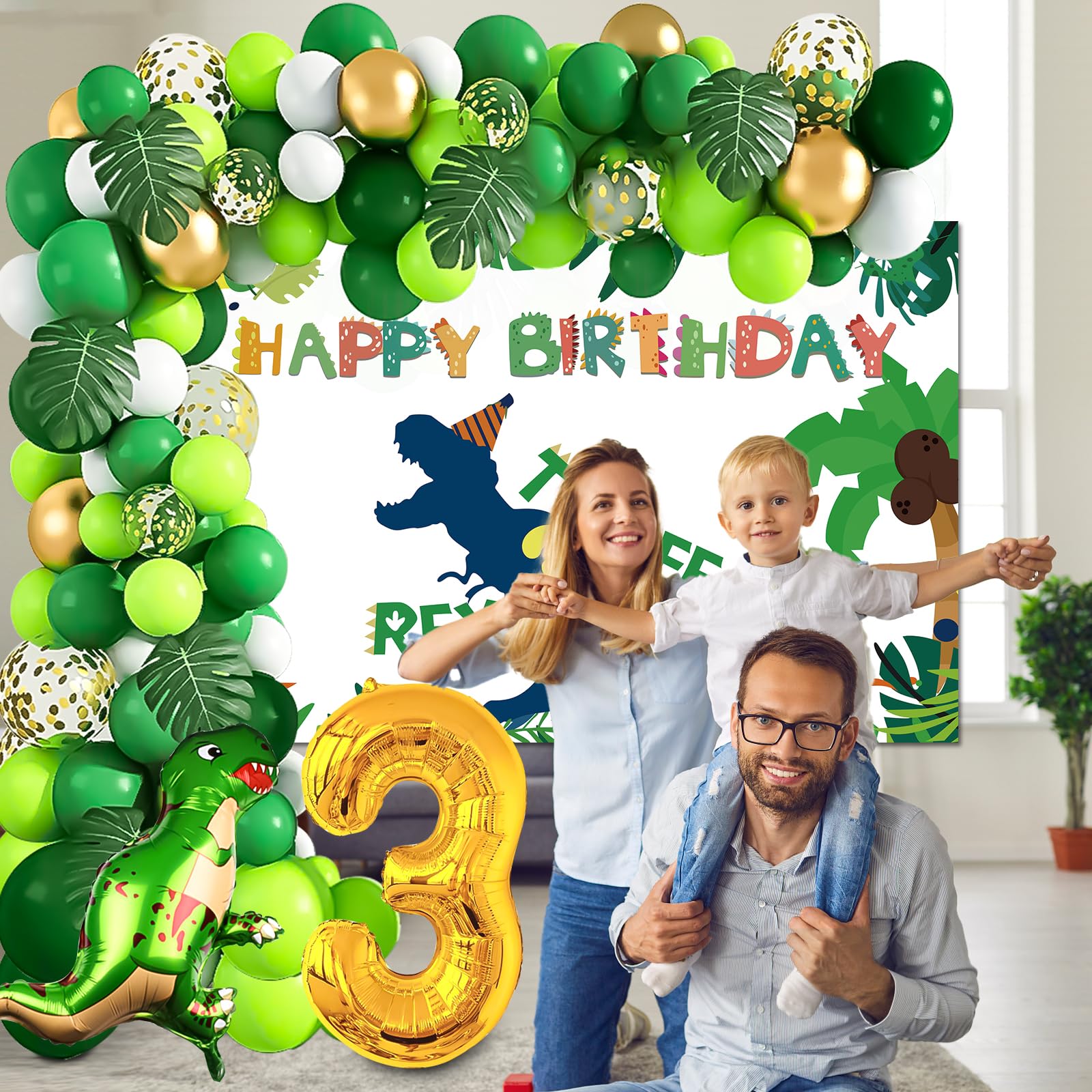 3 Rex Dinosaur Birthday Party Decorations for Boys - 3rd Birthday Backdrop, Balloon Kit, Tablecloth & Cake Toppers | Dino Theme Party Supplies for Kids' Birthday Celebration