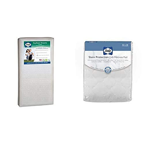 Sealy Soybean Dreams Antibacterial 2-Stage Dual Firmness Waterproof Toddler & Baby Crib Mattress with Stain Protection Pad | Infant Sleep Safety, Daycare & Nursery Essentials