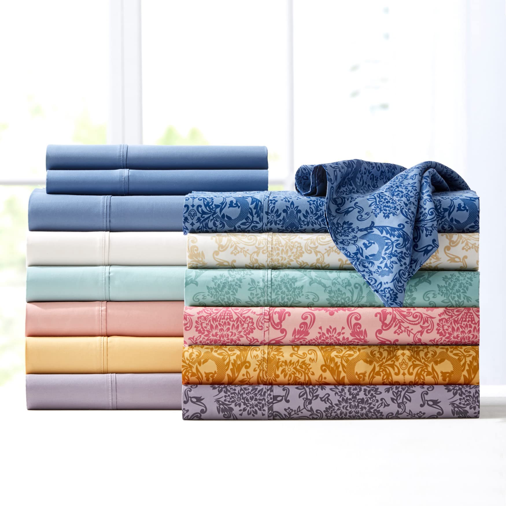 BrylaneHome Printed Damask 6-Piece Queen Sheet Set - Dusty Lilac Floral Bedding for Comfortable Sleep & Luxury Bedroom Decor
