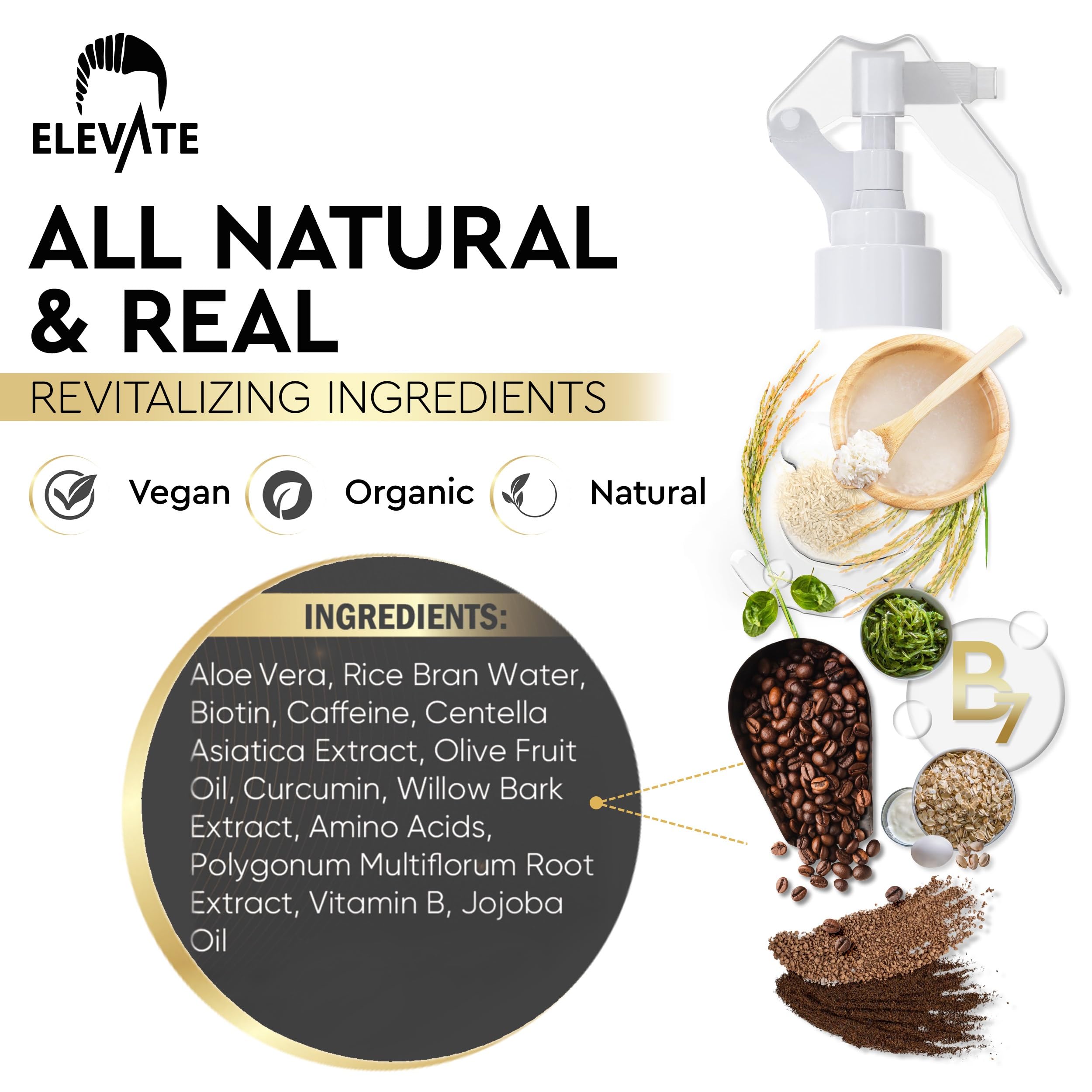 Elevate Rice Water Hair Growth Spray with Biotin, Caffeine & Aloe Vera - Thickening & Nourishing Leave-In Treatment for Thinning, Damaged Hair - Vegan, Non-Greasy Formula for Longer, Softer Locks - Perfect for Daily Hair Care Routine & Styling