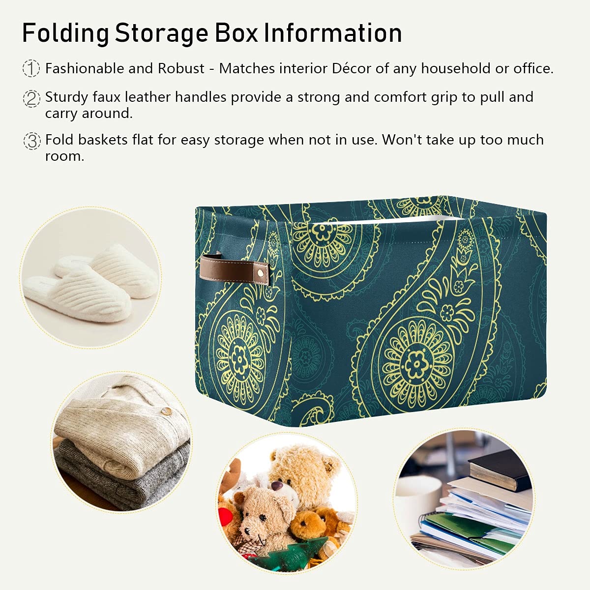 Paisley Pattern Foldable Fabric Storage Bins - Large Capacity Closet Organizers with Reinforced Handles | Perfect for Bedroom, Closet, Nursery & Office Organization