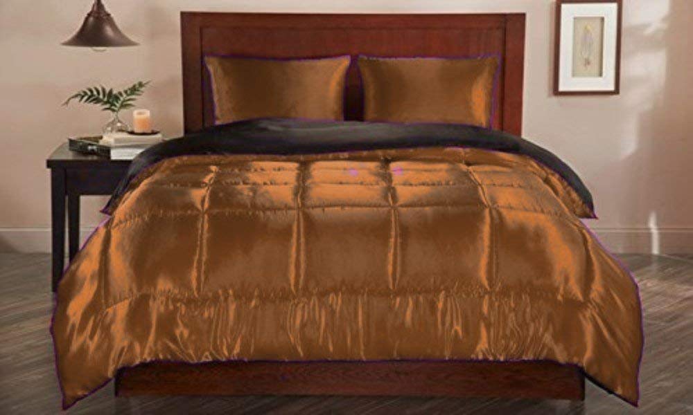 Soft Mercantile Satin Silk 3-Piece Full/Queen Comforter Set - Brown Reversible Bedding with 1 Comforter & 2 Pillow Shams - Luxury Bed in a Bag for Master Bedroom, Guest Room & Dorm Decor
