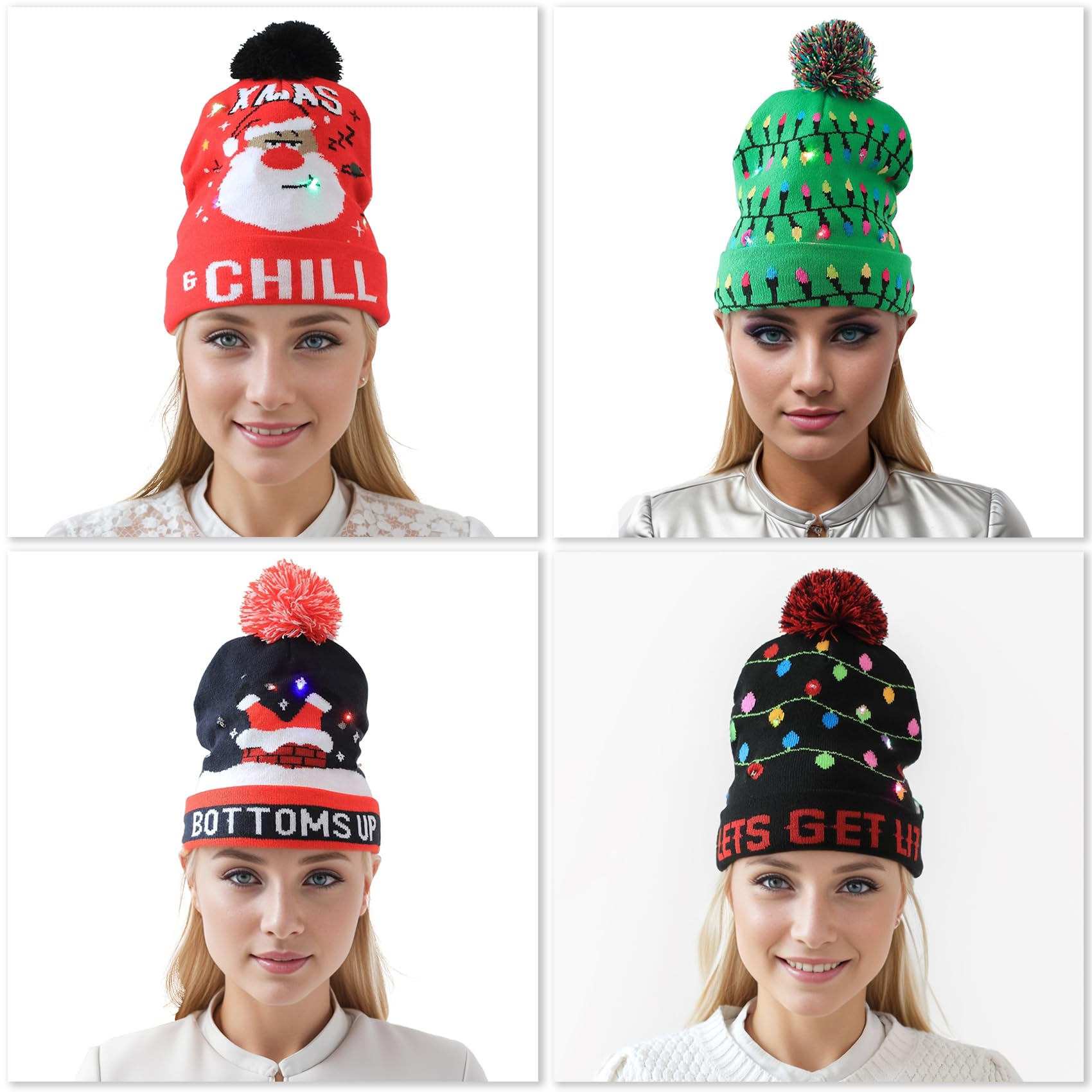 4-Pack LED Christmas Knitted Hats with 6 Colorful Built-in Lights - Unisex Light Up Beanie for Ugly Sweater Parties, Winter Holidays & Festive Gatherings | Perfect for Christmas Celebrations, Gift Exchanges & Family Photos