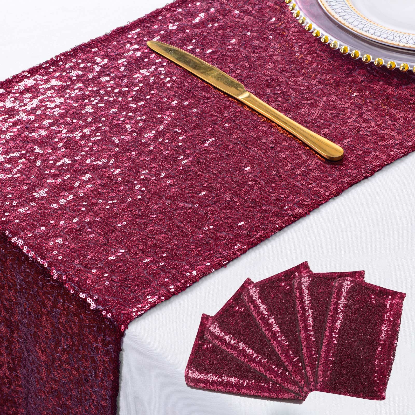ShinyBeauty 5-Pack 13x108 Inch Burgundy Sequin Table Runners - Glitter Party Supplies for Weddings, Banquets & Dining Tables - Elegant Wine Linen Decor for Special Occasions