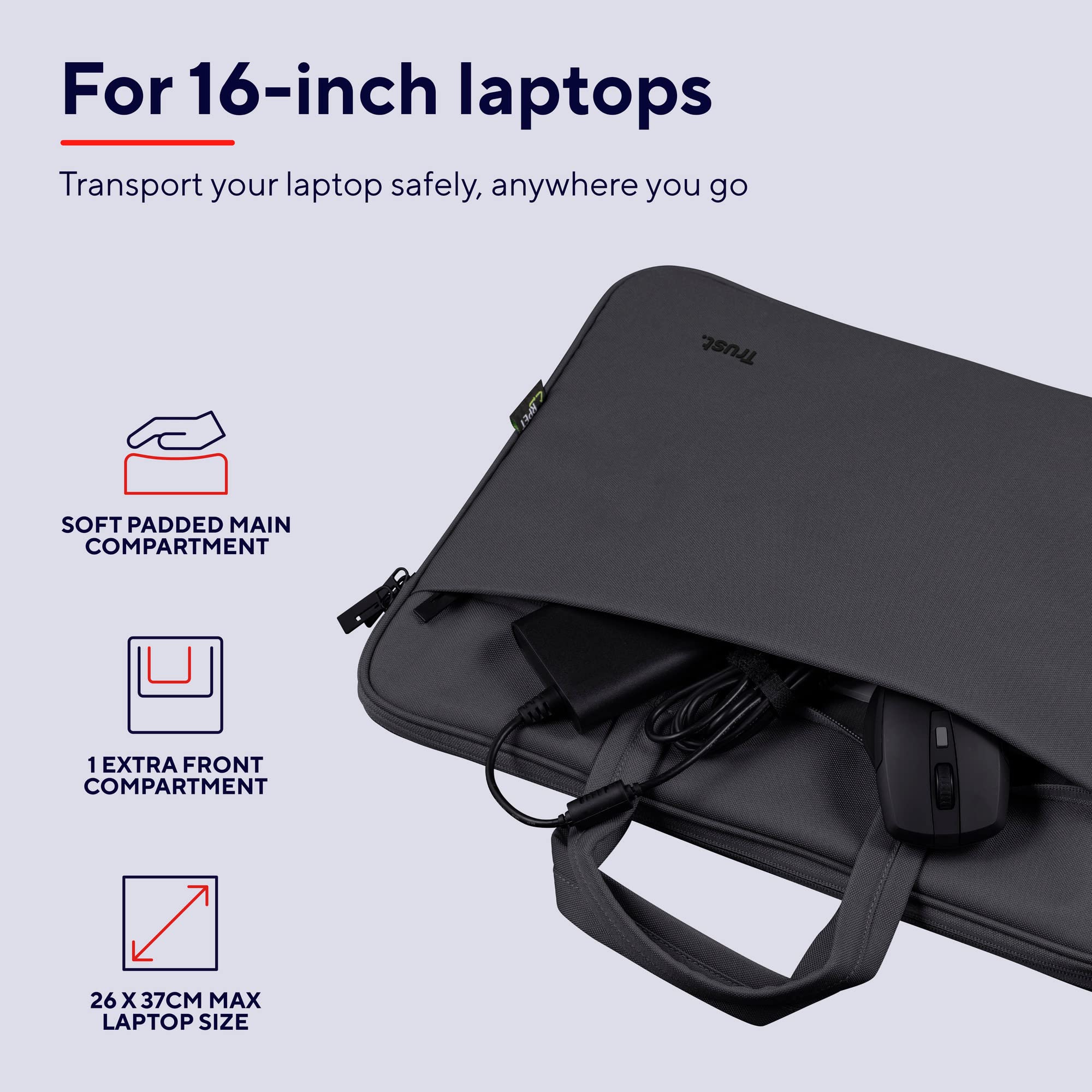 Trust Bologna Eco-Friendly 16 Inch Laptop Bag with Shoulder Strap | Recycled Plastic RPET Lightweight Work Bag for Travel, Business, Office & School | Sustainable Carrying Case for Everyday Use
