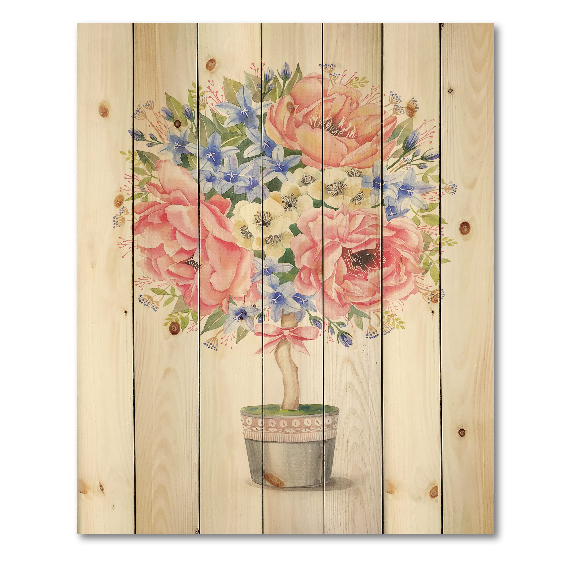 Farmhouse Floral Wood Wall Decor - Pink Flower Tree in Pot with Bow, Large Pine Wood Wall Art Panel for Living Room, Bedroom, Kitchen, and Home Decor