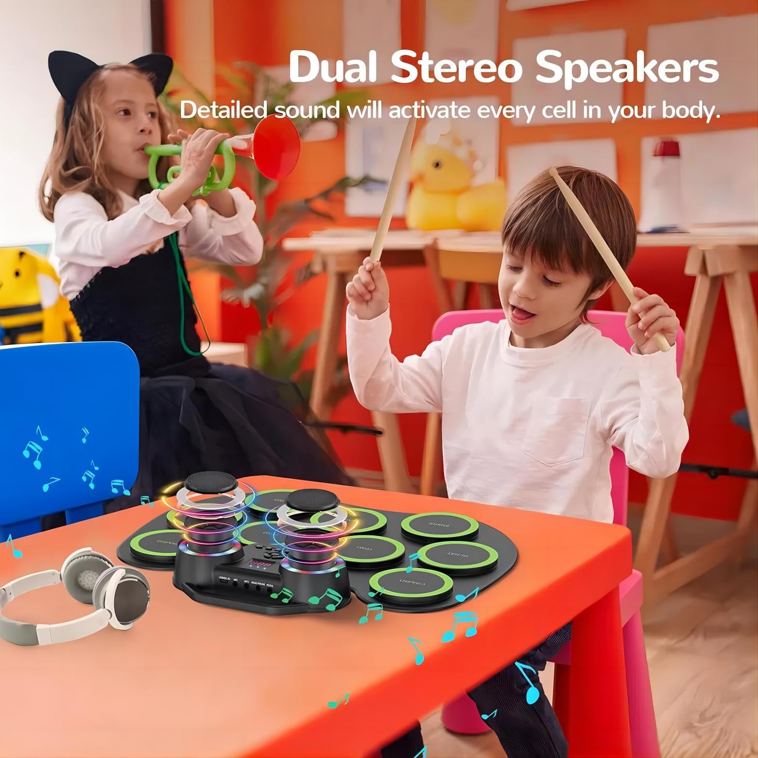 Electronic Drum Set 9Pads with LED Lights & Bluetooth - Portable Roll-Up Drum Pad with Built-in Dual Speakers & Headphone Jack - Perfect Holiday Birthday Gift for Kids & Adults - Ideal for Home Practice, Music Studio & Live Performances
