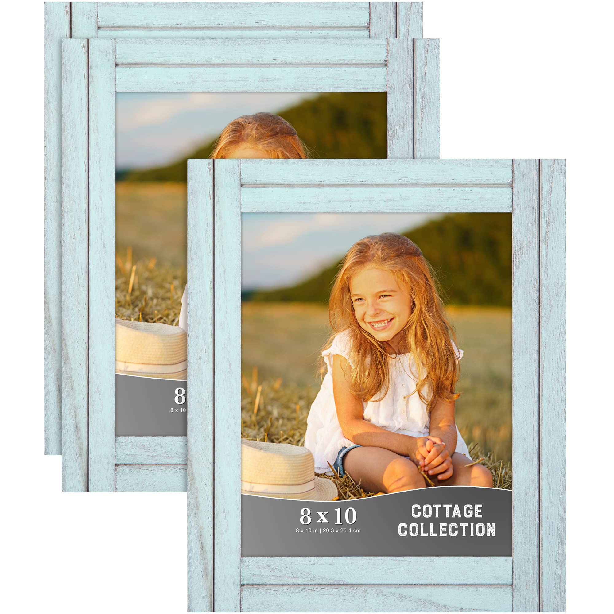 Icona Bay 8x10 (20x25 cm) Rustic Picture Frame Set - 3 Pack Natural Real Wood Frames in Eggshell Blue, Cottage Style Collection - Perfect for Wall Decor, Family Photos, and Home Office Display
