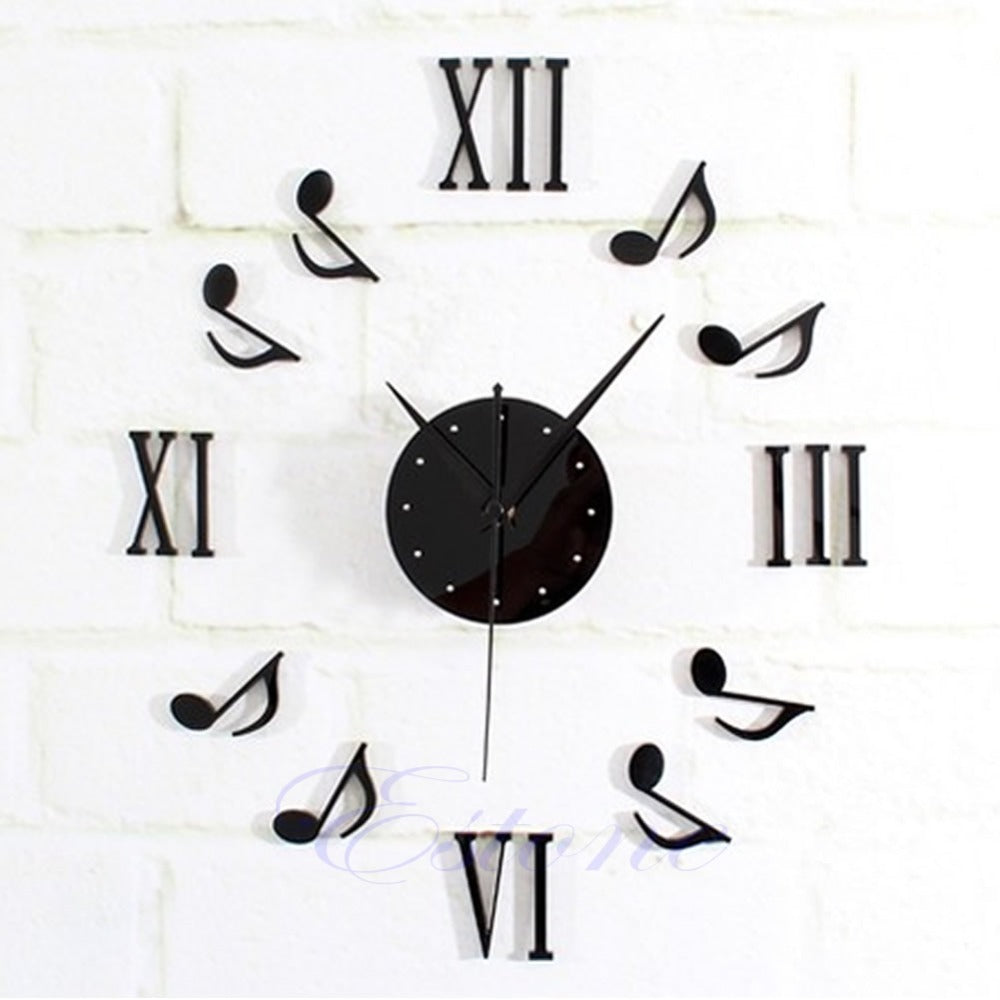 Modern DIY Music Note Mirror Wall Clock Sticker - Black Home & Office Decor for Living Room, Bedroom, or Studio