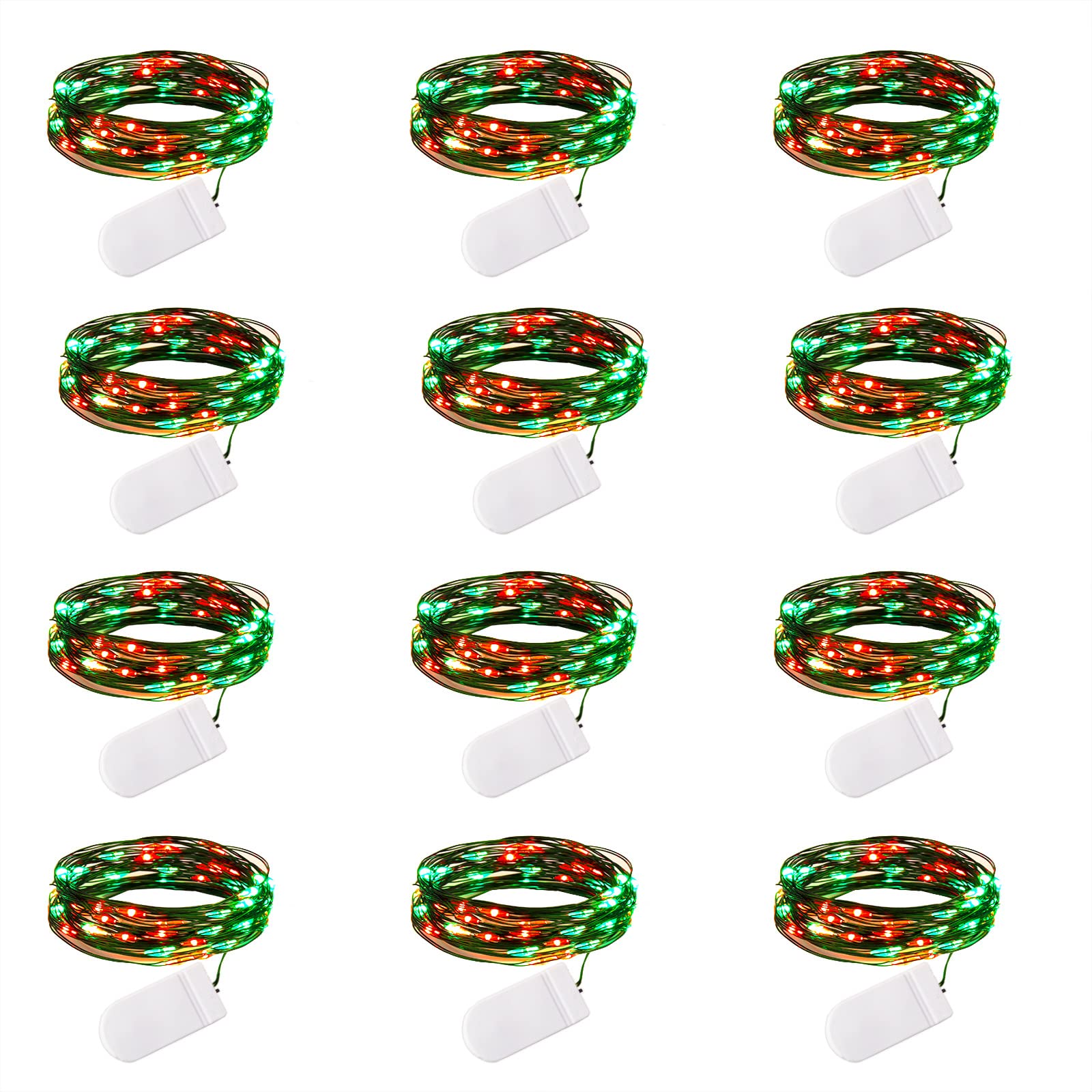 12 Pack Fairy Lights 7Ft 20 LED Waterproof Mini String Lights with Flexible Silver Wire - Wedding Centerpiece, Mason Jar Craft, Party Garland Decor (Red & Green) - Perfect for Indoor/Outdoor Christmas, Garden, Bedroom, and Holiday Decorations