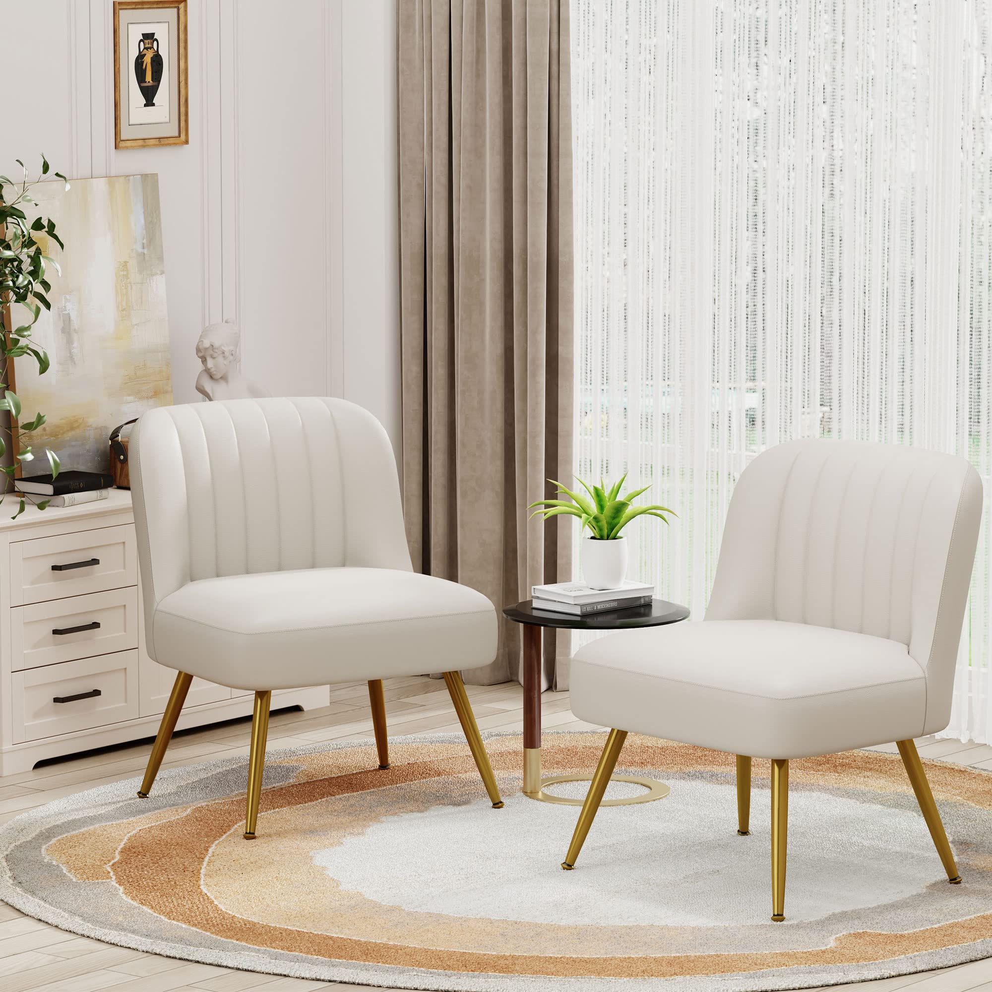 Andeworld 2-Piece Modern Accent Chair Set - Faux Suede Upholstered Armless Living Room Chairs with Golden Legs, Elegant Small Side Club Chairs for Bedroom, Living Room & Office - Beige