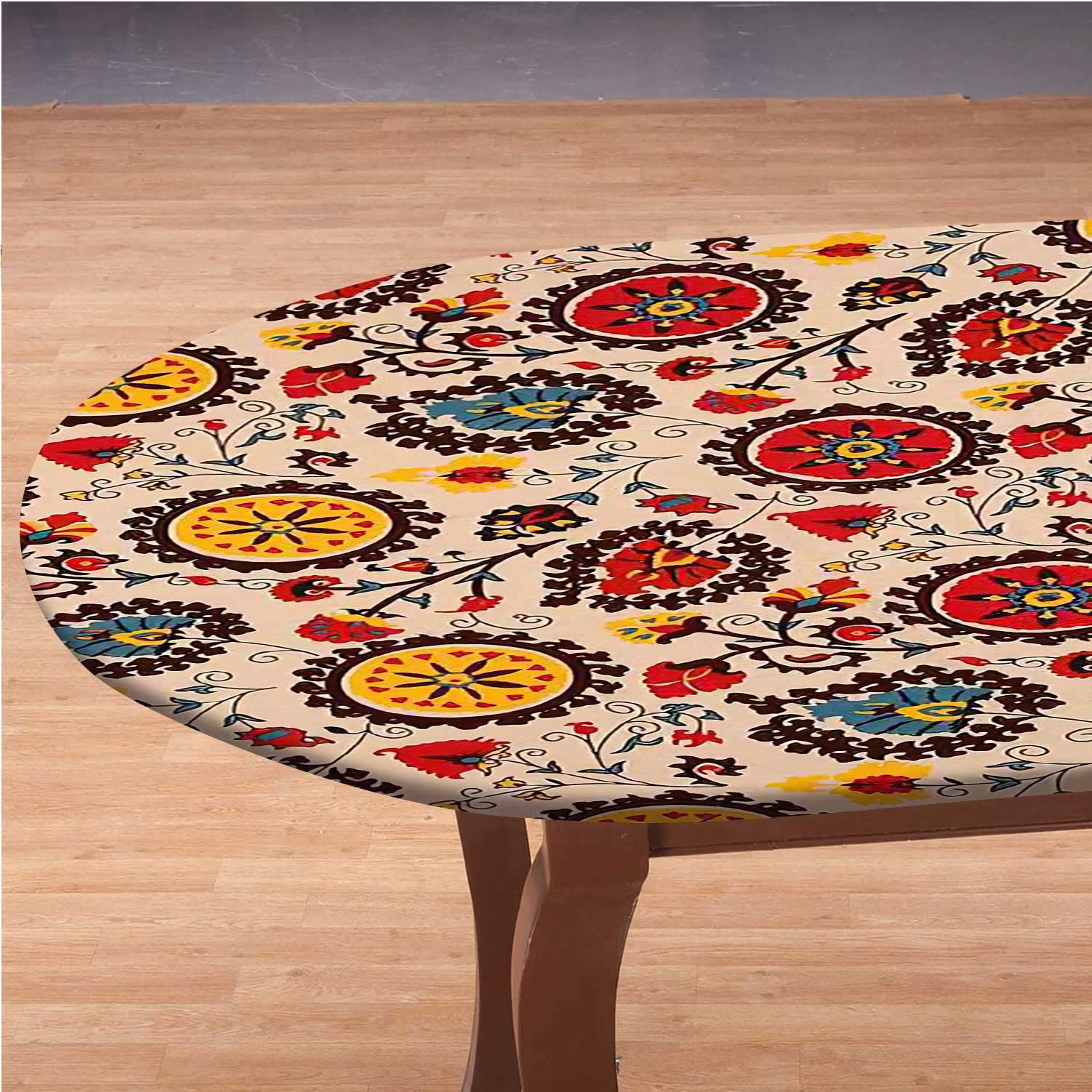 Boho Sunflower Oval Fitted Tablecloth - Waterproof Wrinkle-Resistant Elastic Edge Table Cover for 48