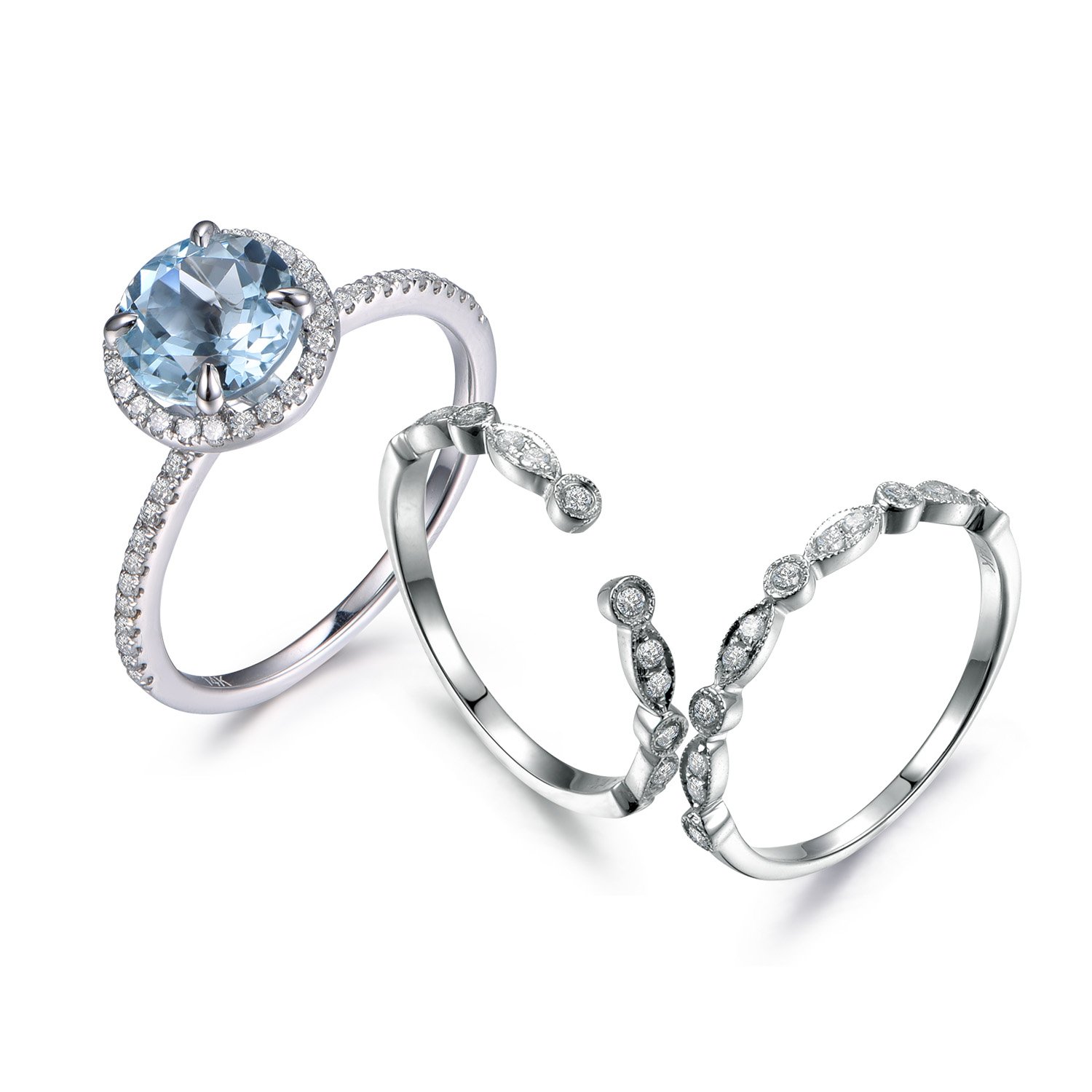Aquamarine Wedding Ring Set - Vintage Art Deco Eternity Band with Milgrain Detailing & Diamond Accents - Matching Open Wedding Band for Brides & Engagement Gifts (Perfect for Vintage Weddings & Anniversary Celebrations)