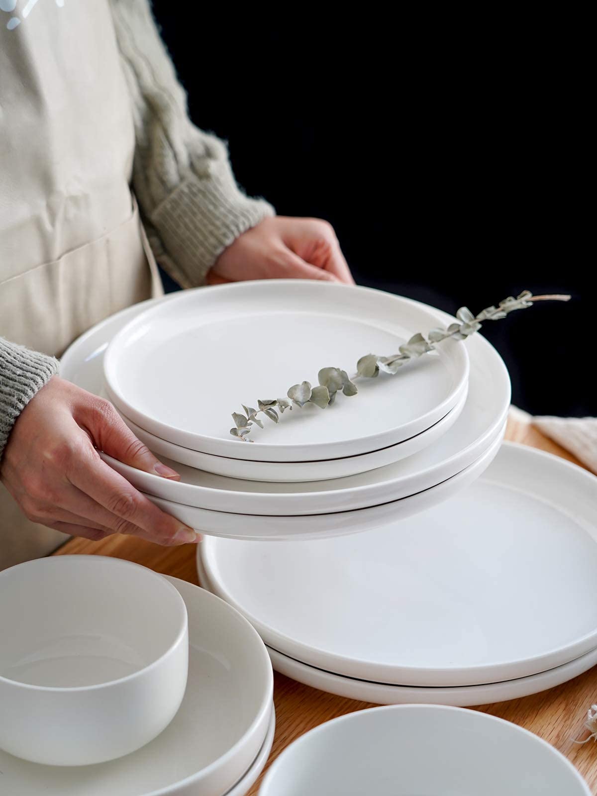 Kanwone 8 Inch Porcelain Dessert Salad Plates Set of 6 - Microwave & Dishwasher Safe White Modern Dinnerware - Perfect for Parties, Weddings, and Everyday Dining