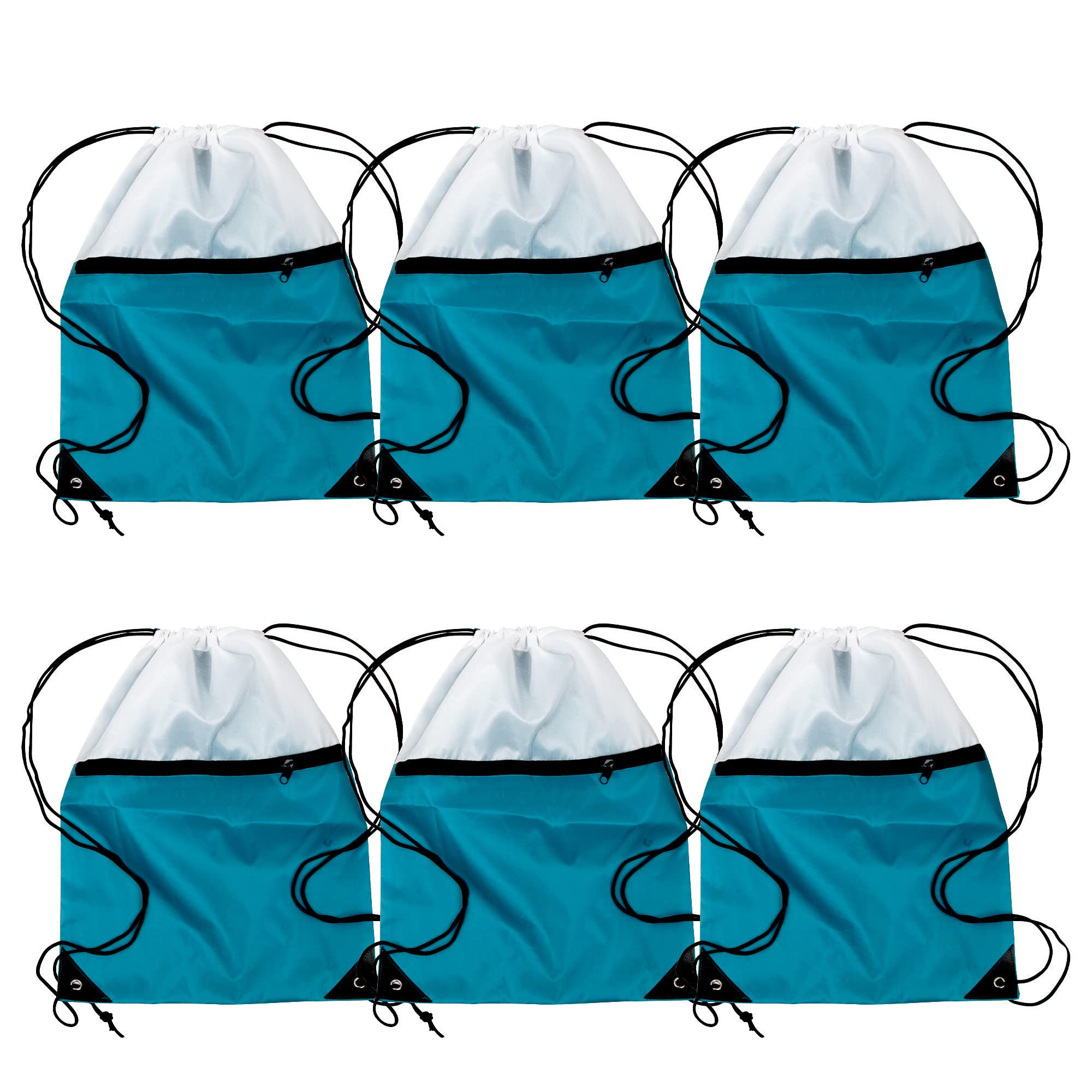ICObuty 6 Pack Sports Gym Bag - Cheerleading Drawstring Backpack for Men & Women - 210D Polyester Durable Backpack with Heat Pressing Option (White/Teal) - Perfect for Gym, Cheer Practice, Sports Events & Travel
