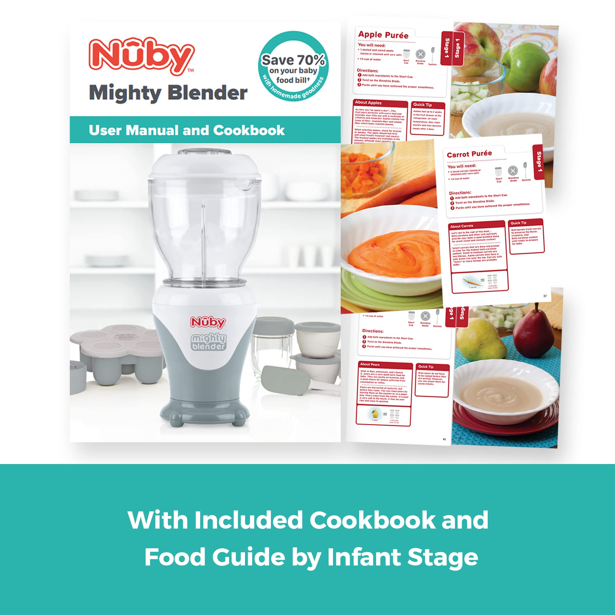 Nuby Mighty Blender with Cookbook - 22-Piece Baby Food Maker Set for Different Weaning Stages - Cool Gray Design - Perfect for Homemade Purees, Smoothies & Healthy Baby Meals